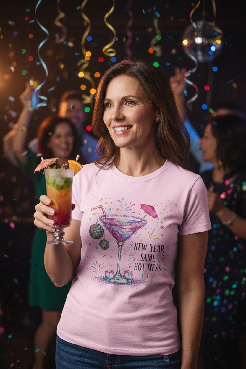 New Year Same Hot Mess 01 Unisex Softstyle T-Shirt 100% Cotton Graphic Seasonal Celebration