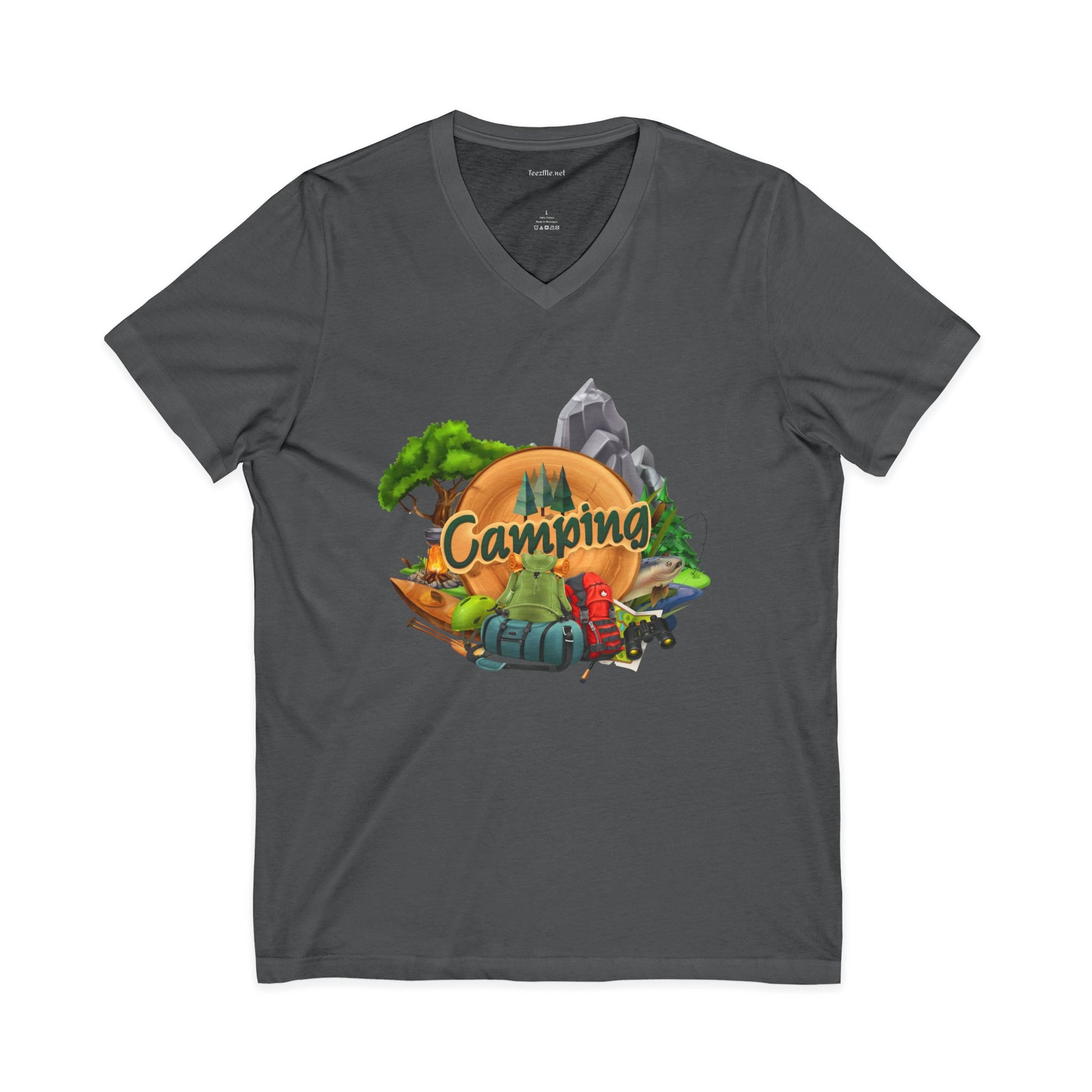 Camping Graphic V-Neck Tee — Outdoor Adventure Tent & Campfire Shirt