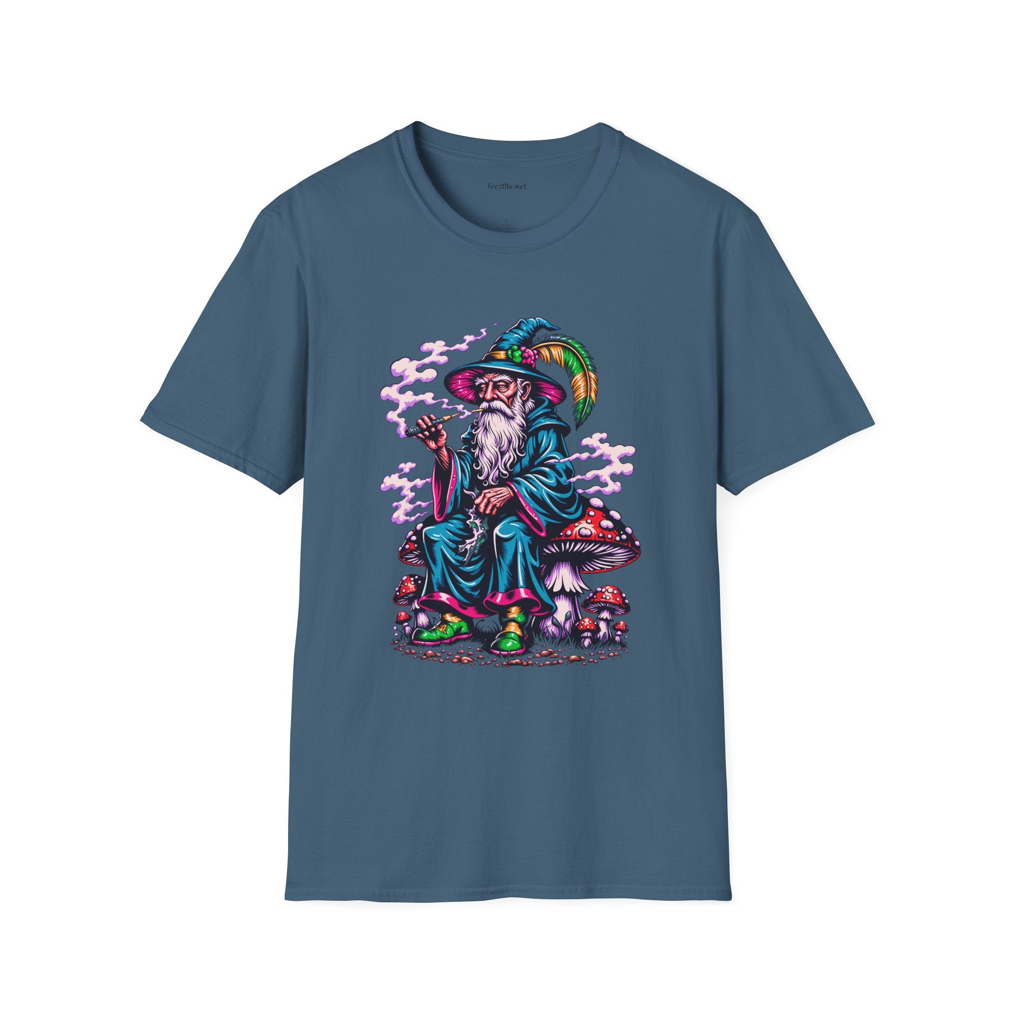 Psychedelic Smoking Wizard on Mushrooms Fantasy Unisex Softstyle T-Shirt 100% Cotton Graphic