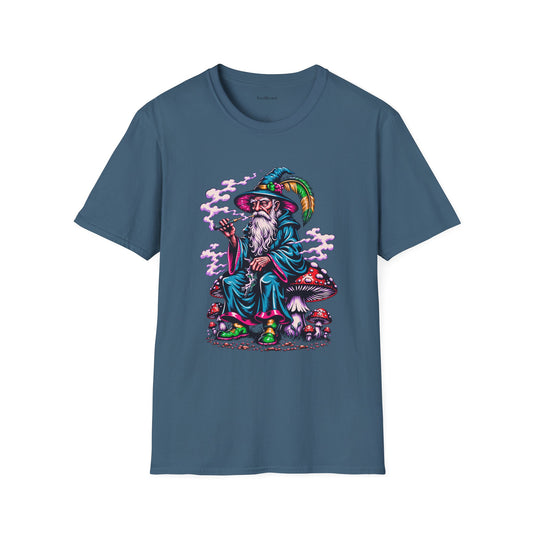 Psychedelic Smoking Wizard on Mushrooms Fantasy Unisex Softstyle T-Shirt 100% Cotton Graphic