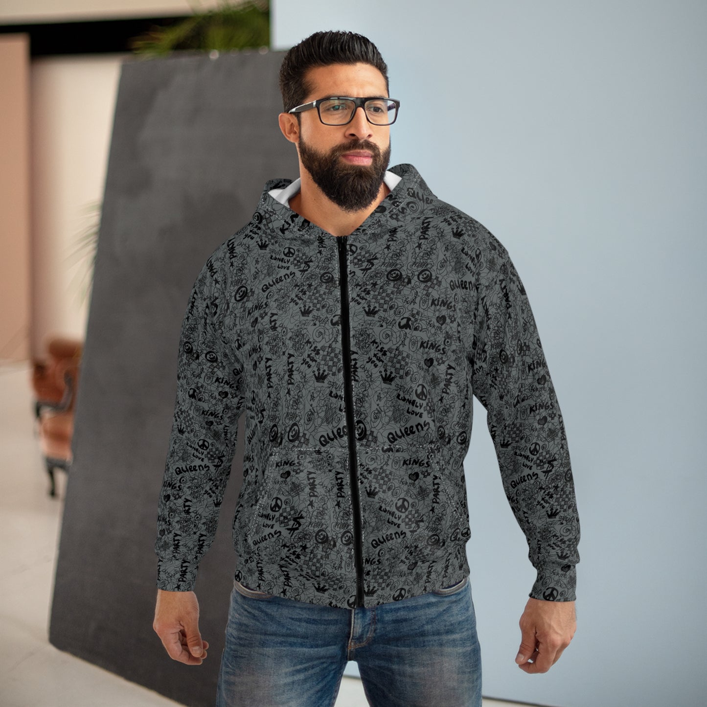 Street Style Grunge Unisex Zip Hoodie (AOP)