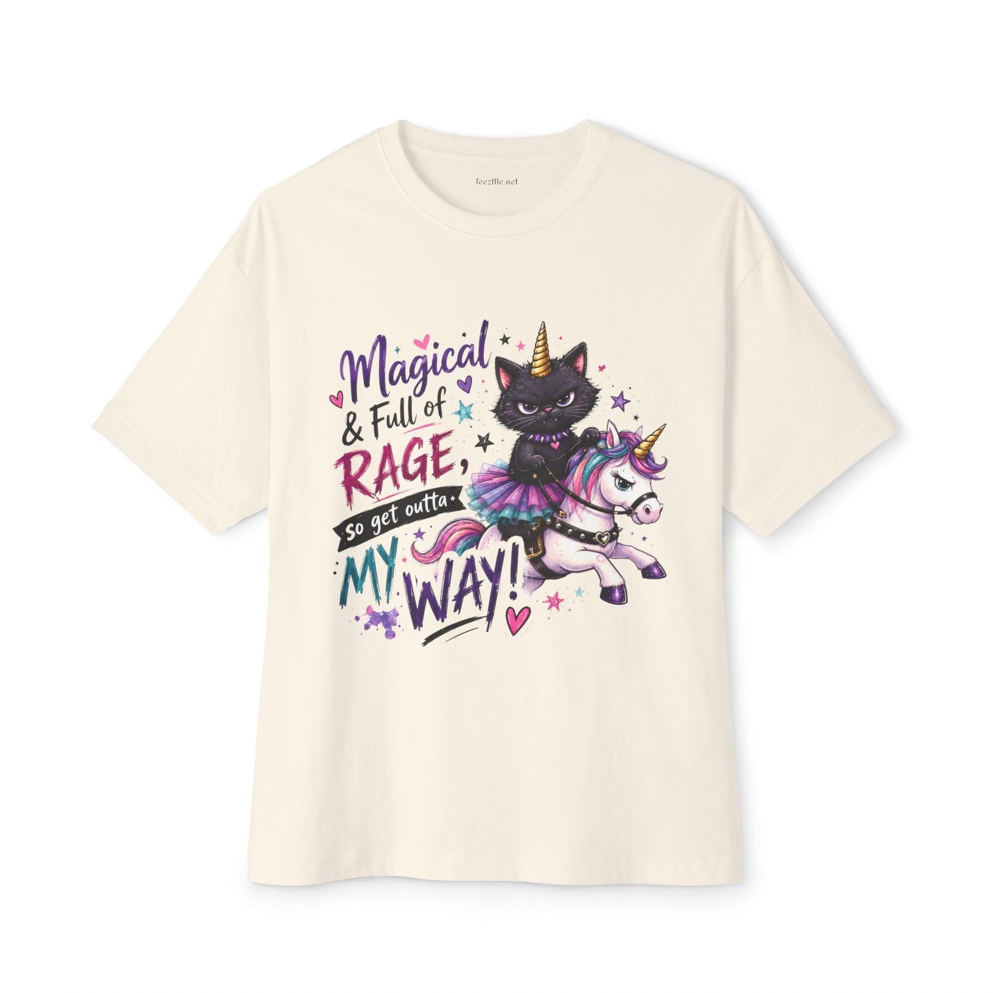 Magical & Full of Rage Cat on Unicorn Tee — "Get Outta My Way" Oversized Shirt