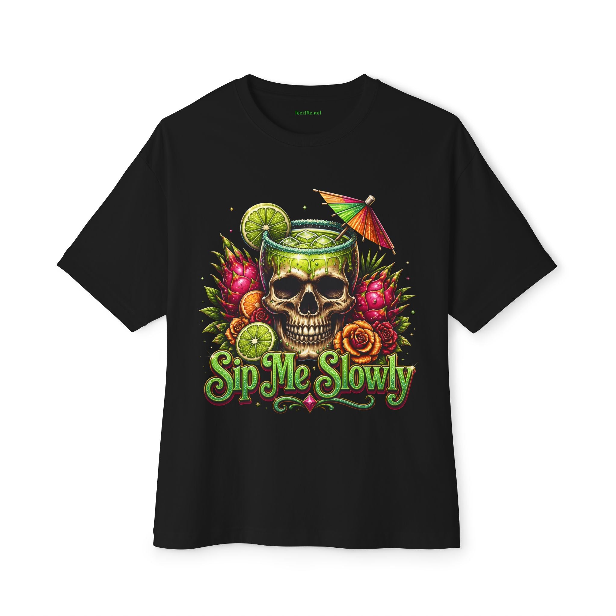 Skull Cocktail Tee — 'Sip Me Slowly' Tropical Skull Graphic T-Shirt
