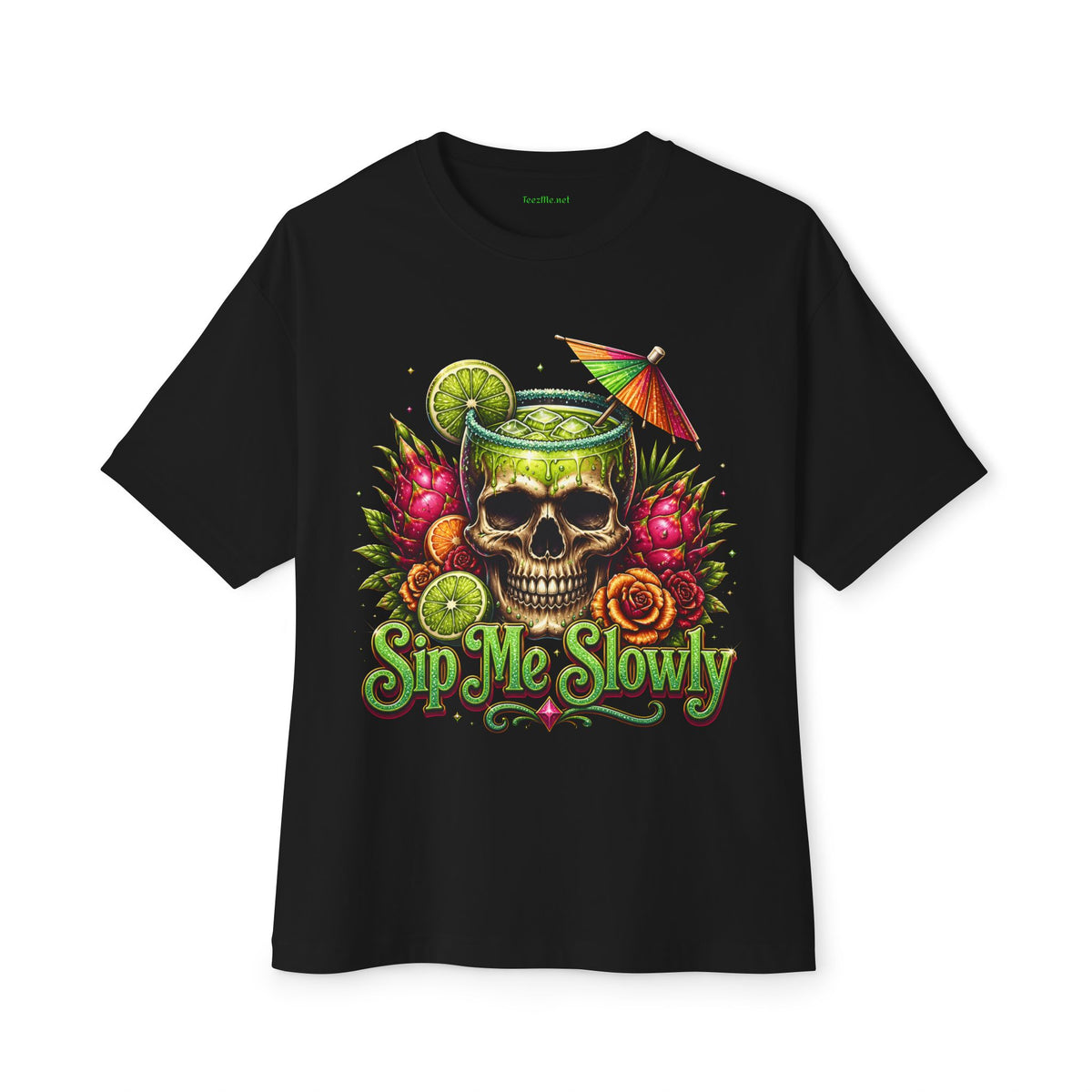 Skull Cocktail Tee — 'Sip Me Slowly' Tropical Skull Graphic T-Shirt