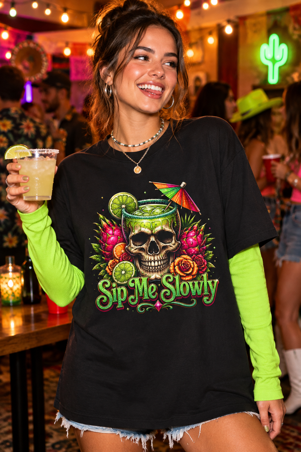 Skull Cocktail Tee — 'Sip Me Slowly' Tropical Skull Graphic T-Shirt