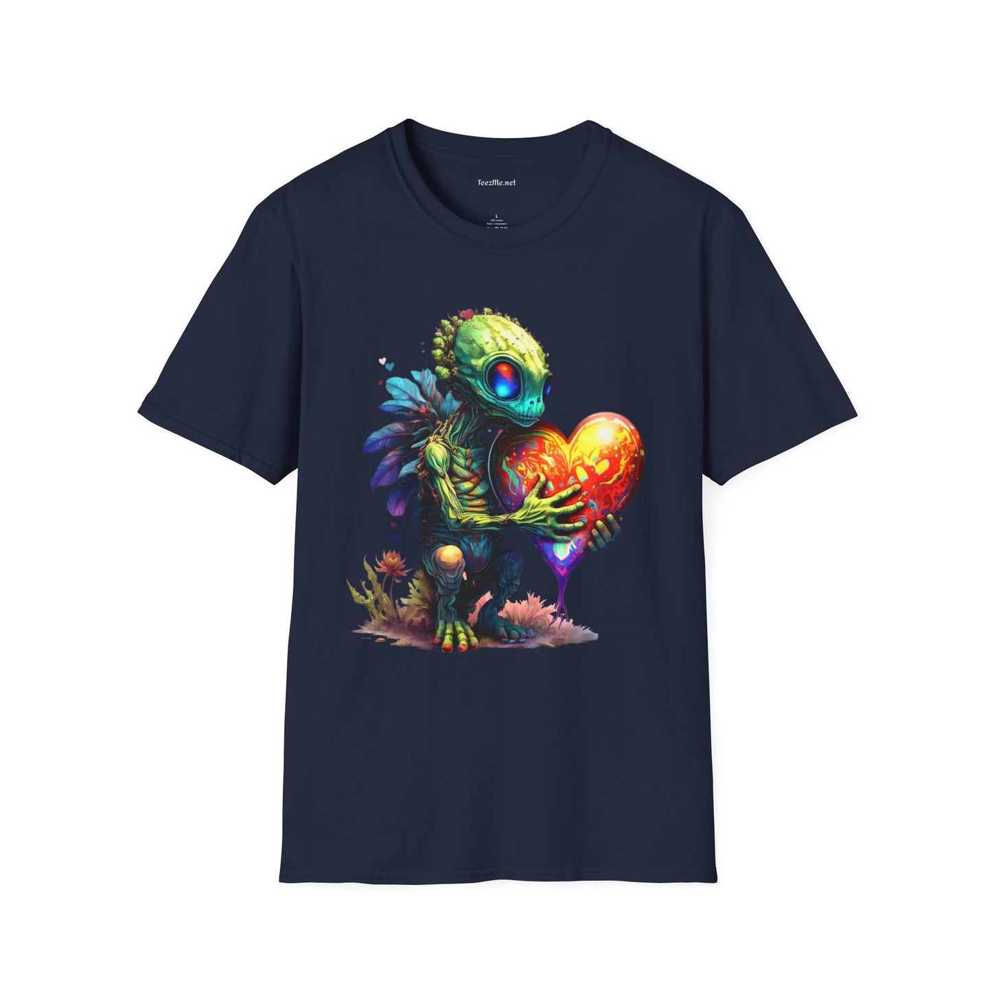 Alien Holding A Heart Unisex Softstyle T-Shirt 100% Cotton Graphic