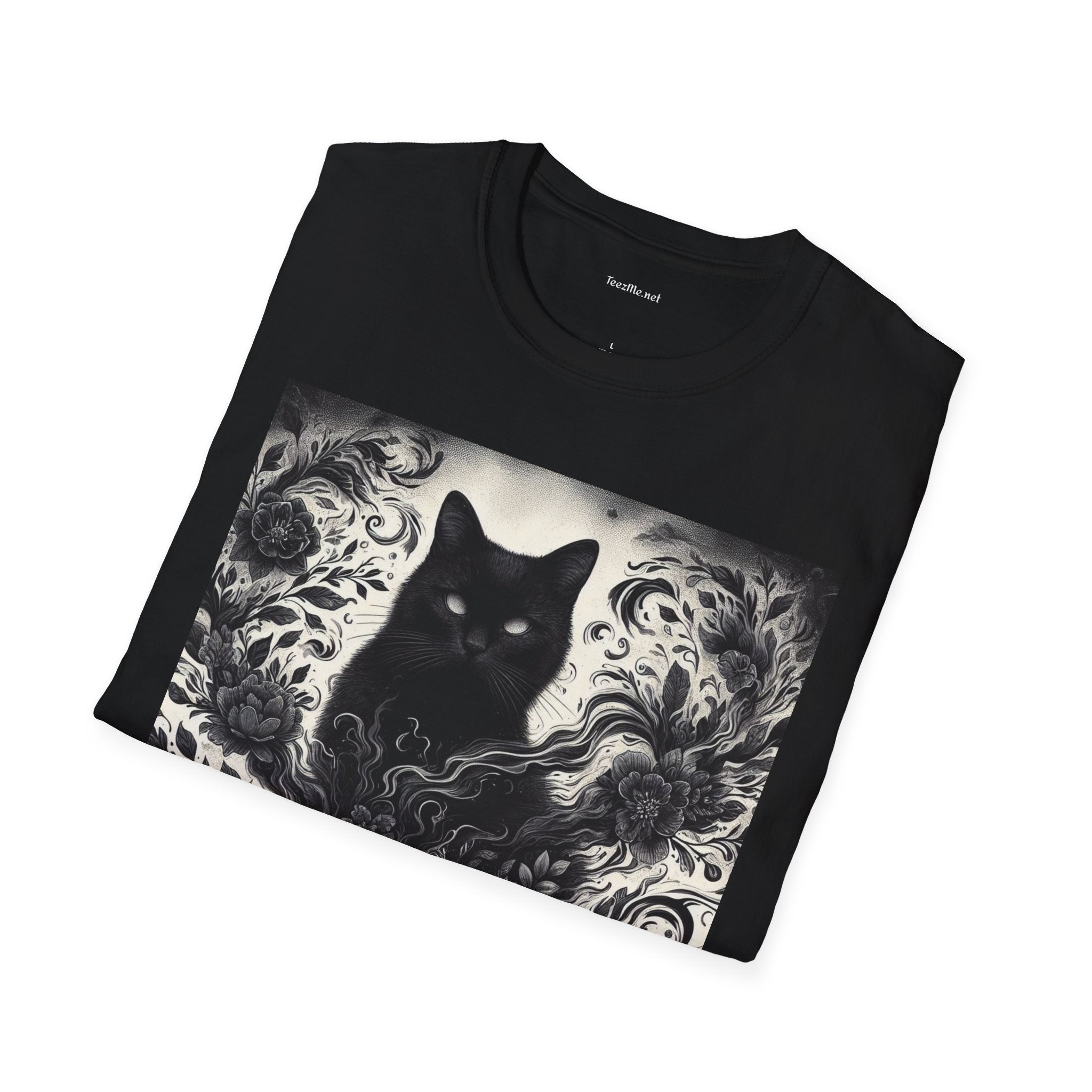 Black Cat Floral -Shirt 100% Cotton Graphic