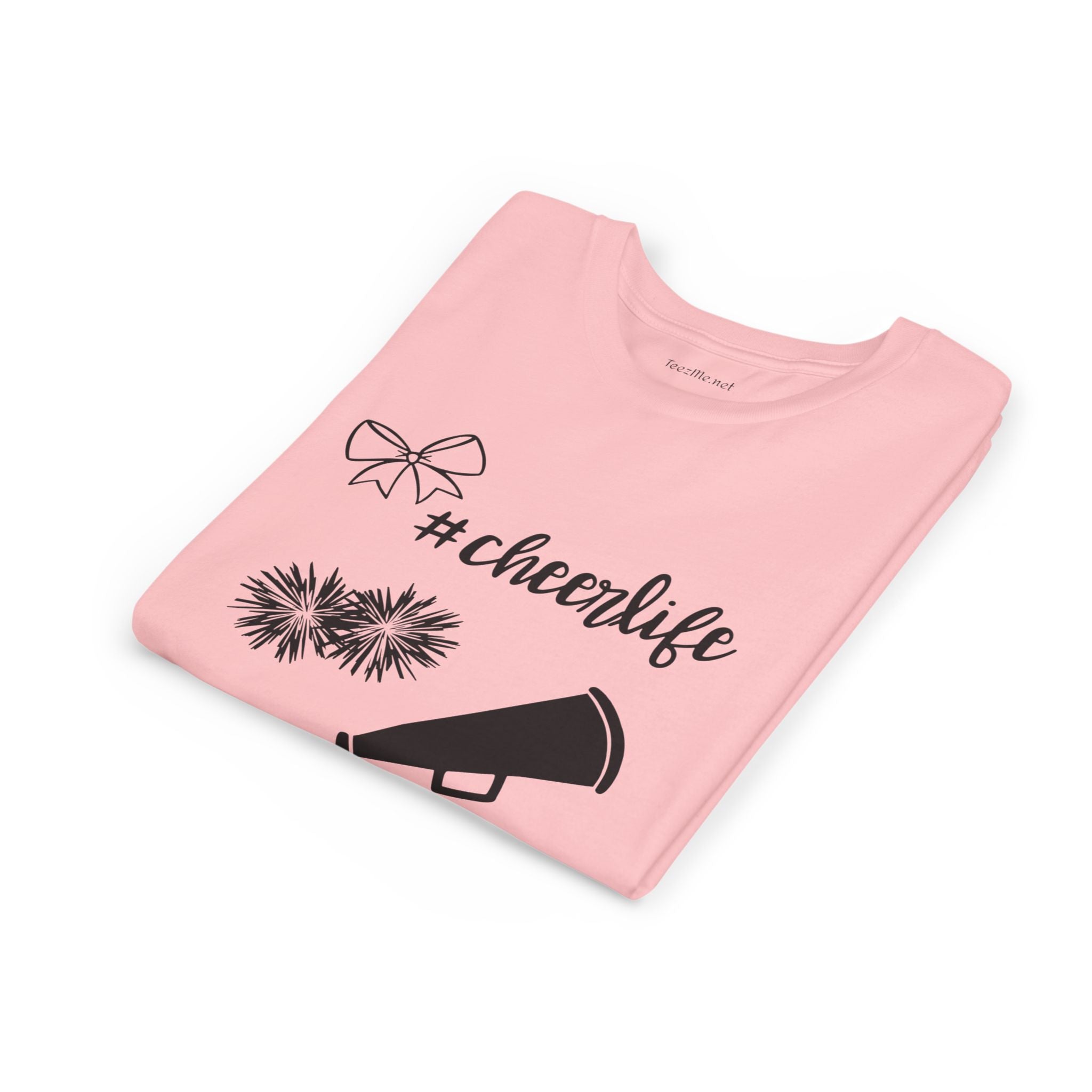 Youth Cheer Tee – "#cheerlife" Megaphone, Pom-Poms & Bow Graphic