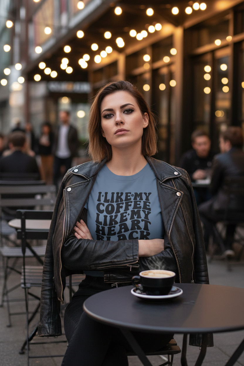 Coffee T-Shirt — "I Like My Coffee Like My Heart Black & Cold" Retro Tee