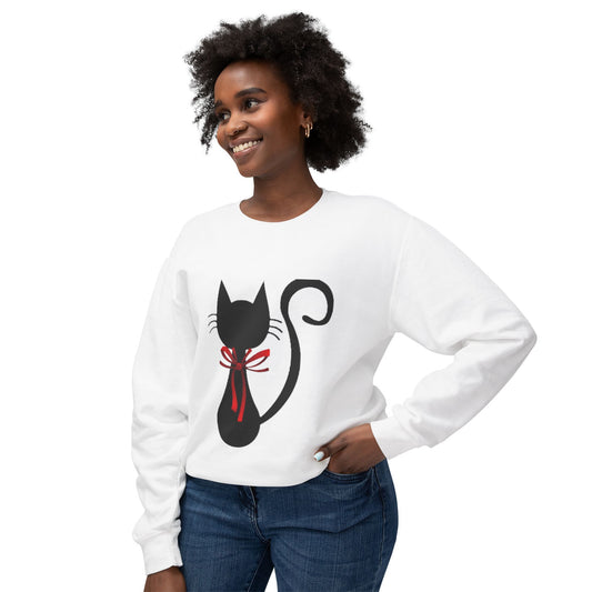 Cat with Red Bow Vintage Unisex Lightweight Crewneck Sweatshirt