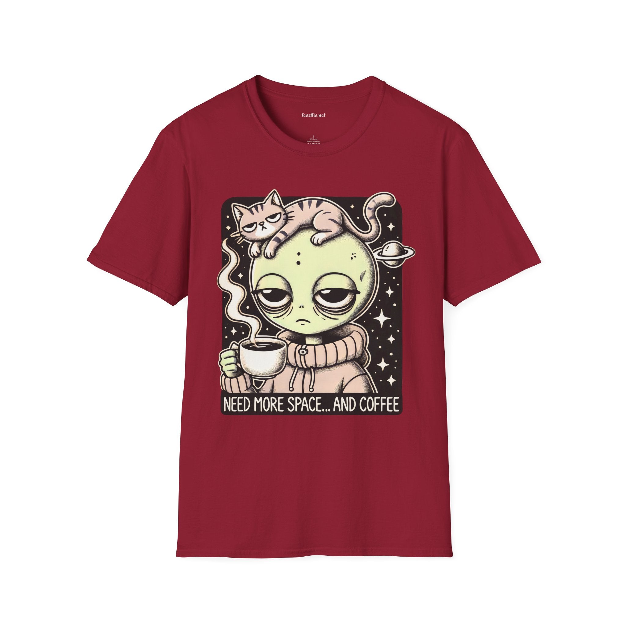 Sleepy Alien with Cat Unisex Softstyle T-Shirt 100% Cotton Graphic