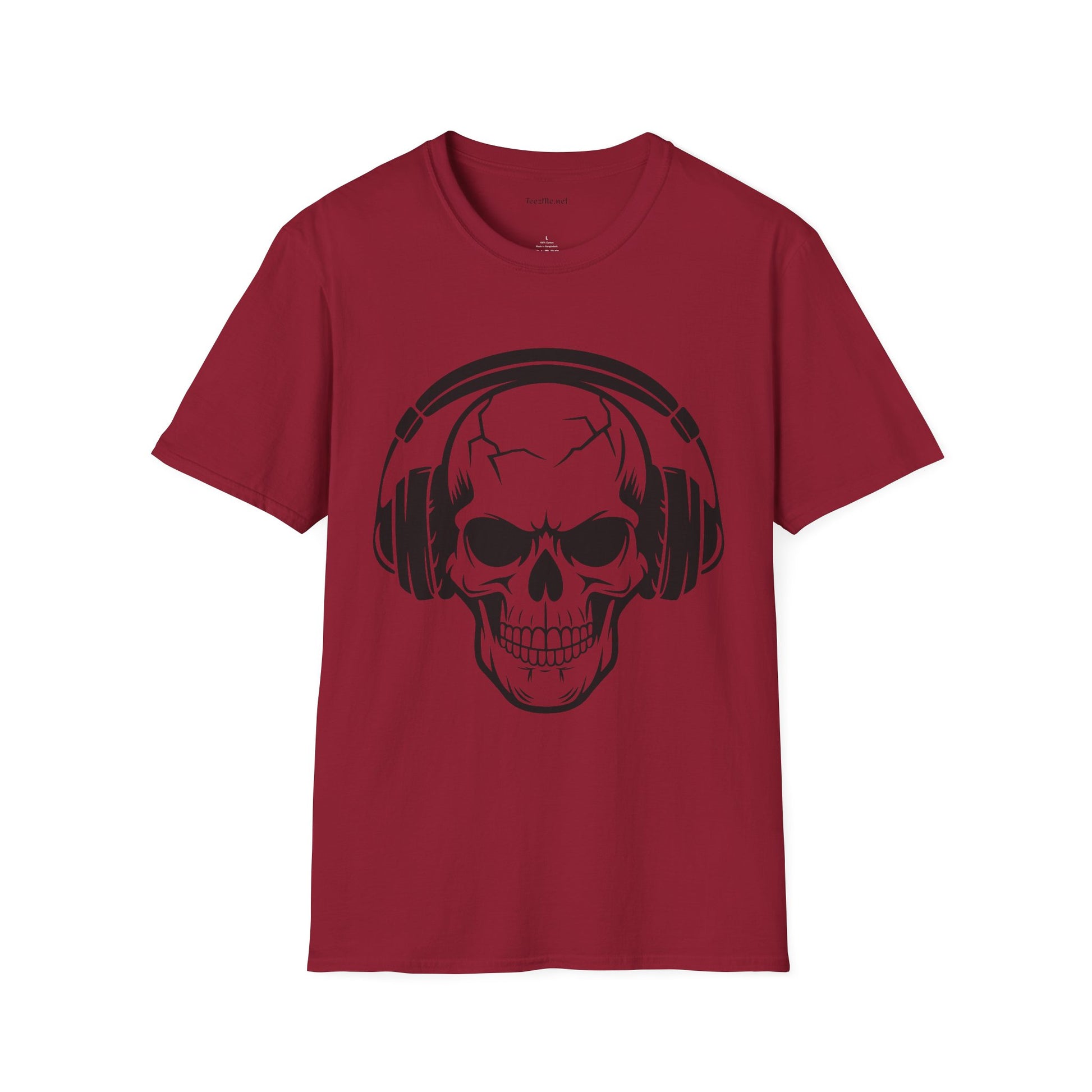 Skull wearing Headphones- Unisex Softstyle T-Shirt 100% Cotton Graphic