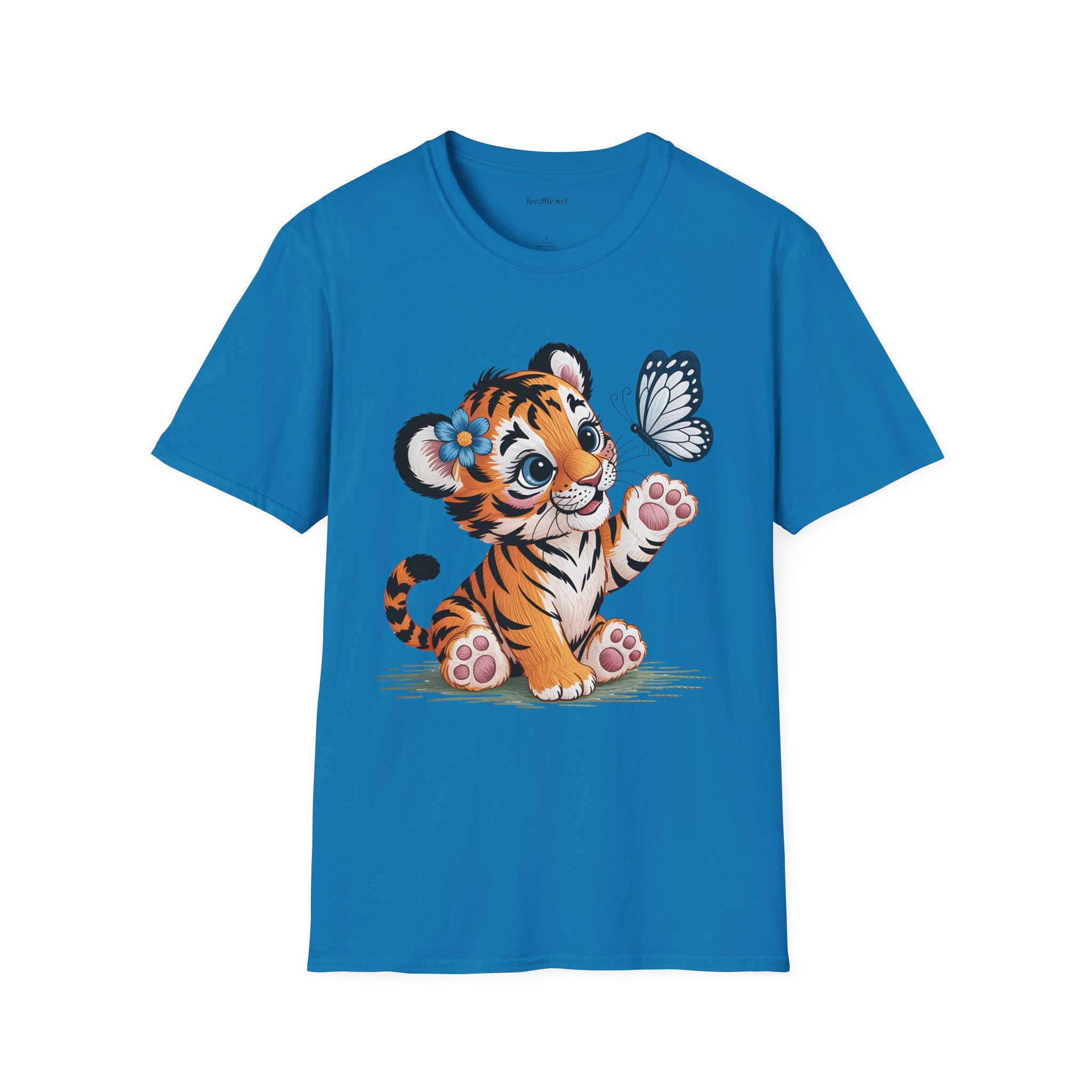 Cute Tiger Cub with Butterfly Unisex Softstyle T-Shirt 100% Cotton Graphic