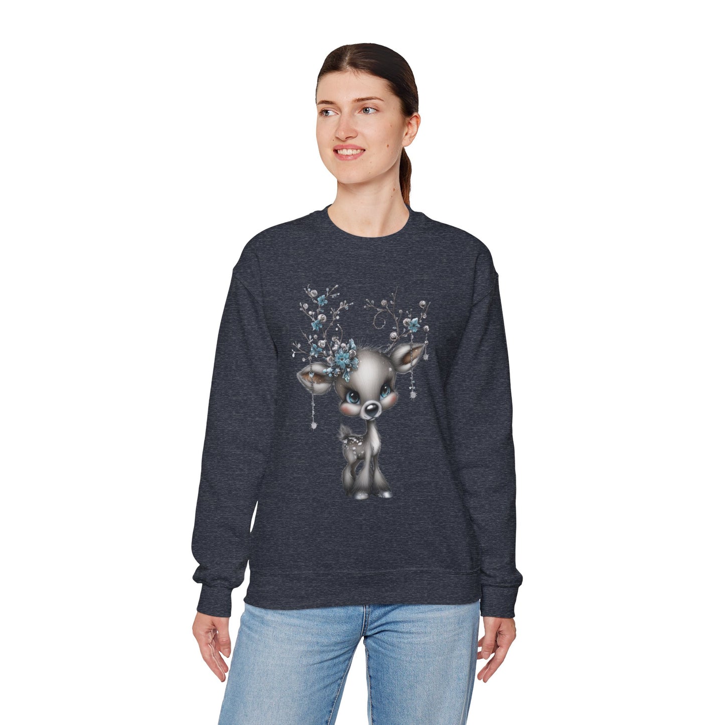 Winter Floral Reindeer Unisex Heavy Blend™ Crewneck Sweatshirt