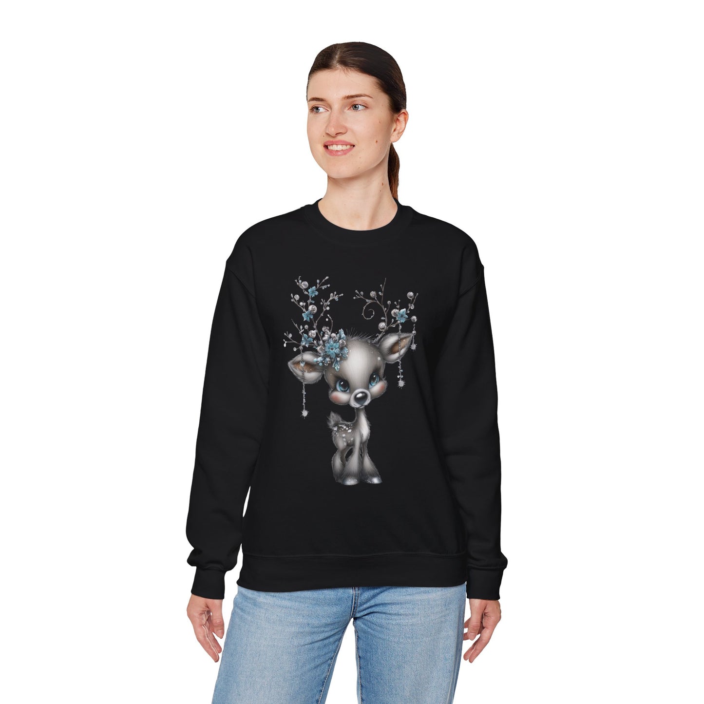 Winter Floral Reindeer Unisex Heavy Blend™ Crewneck Sweatshirt