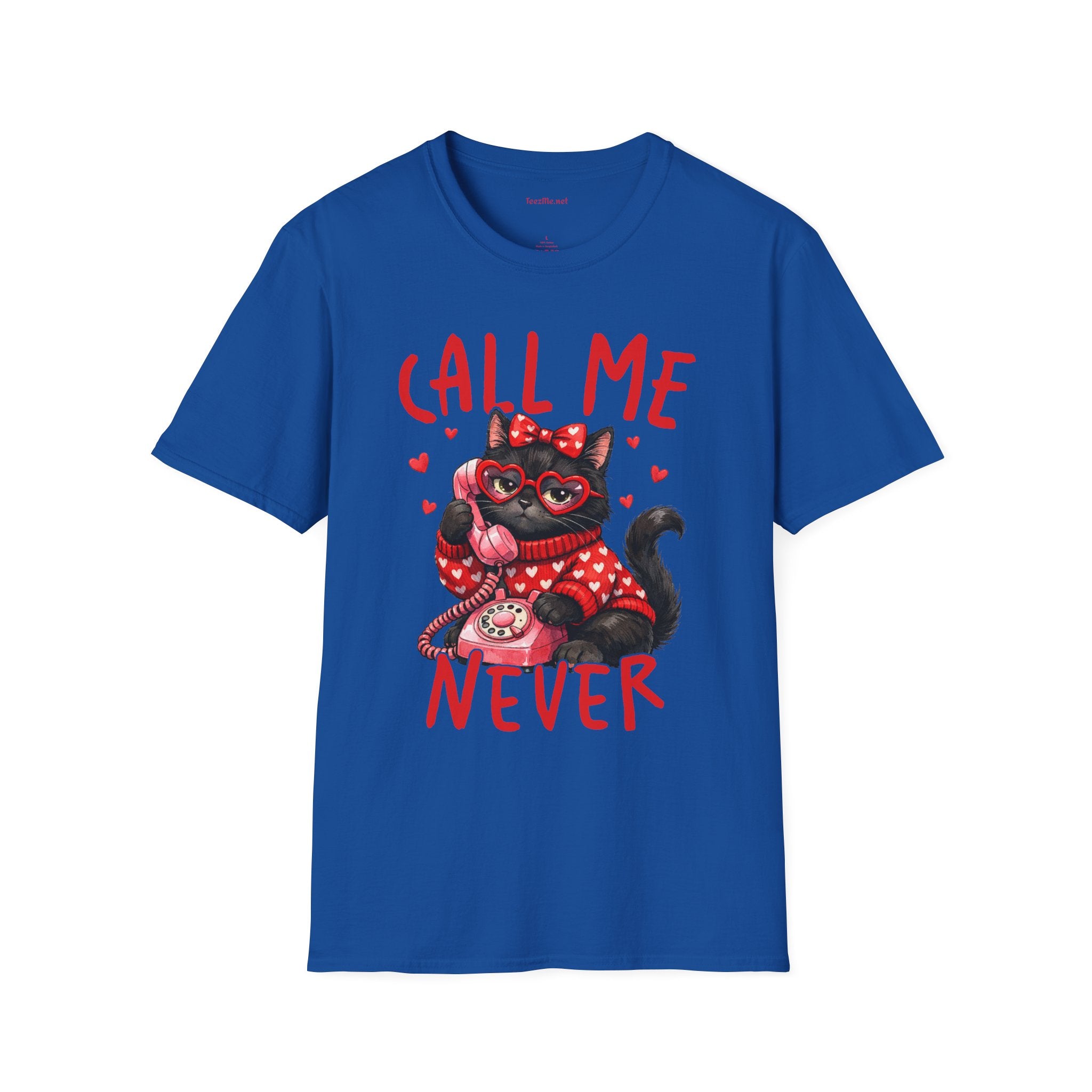 T-Shirt — "Call Me Never" Cute Black Cat Valentine Graphic Tee
