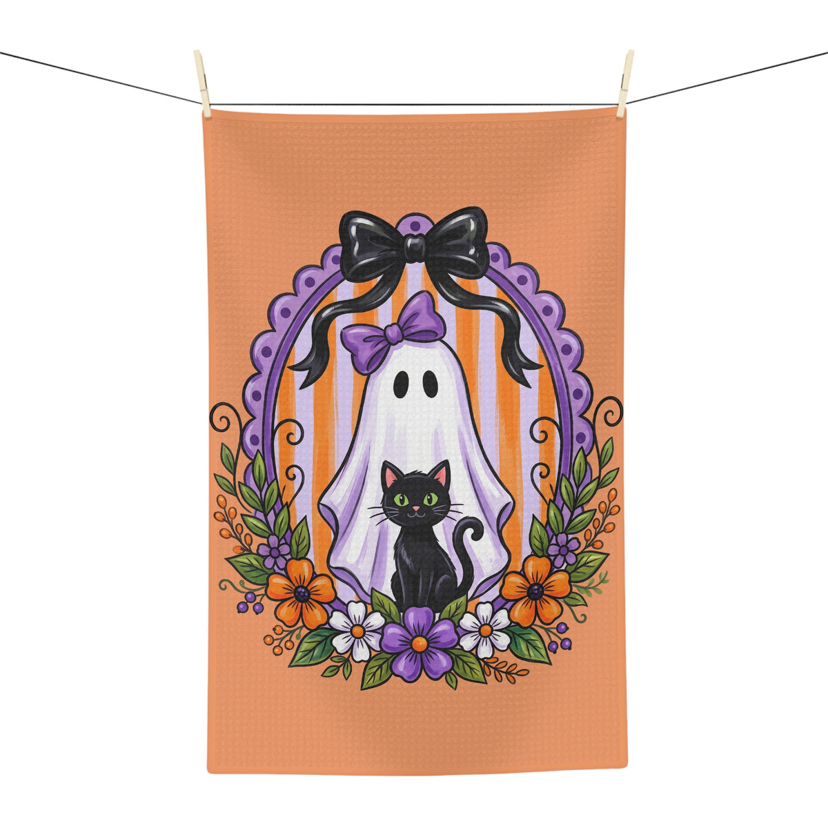 Halloween Ghost & Black Cat Tea Towel — Cute Orange Spooky Kitchen Towel