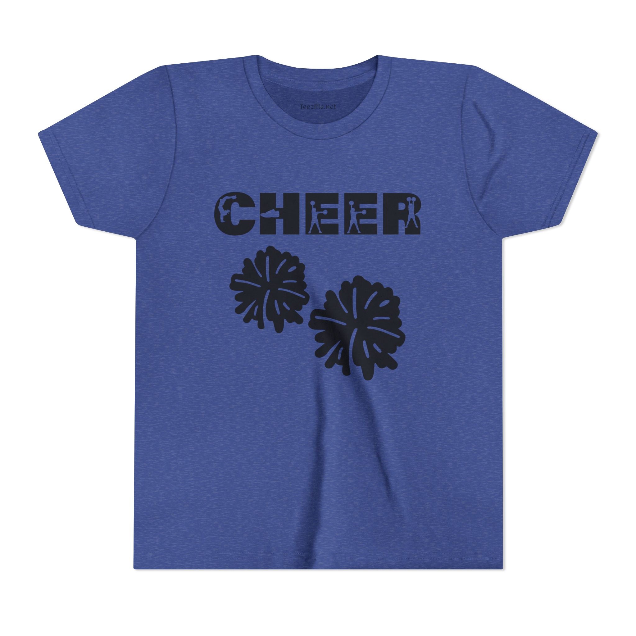Youth Cheer T‑Shirt – 'CHEER' Graphic with Pom Poms | Kid Cheerleader Tee for Practice & Games