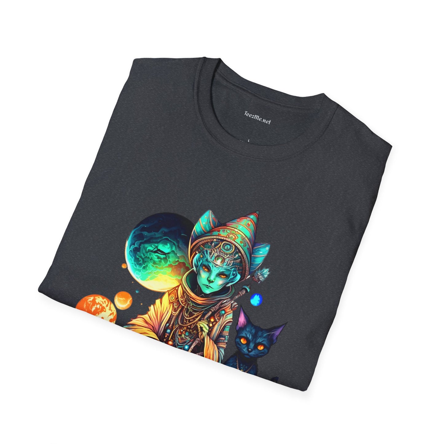 Alien Wizard with Cat Unisex Softstyle T-Shirt 100% Cotton Graphic