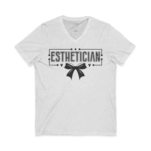 Esthetician with bow Unisex Jersey Short Sleeve V-Neck Tee