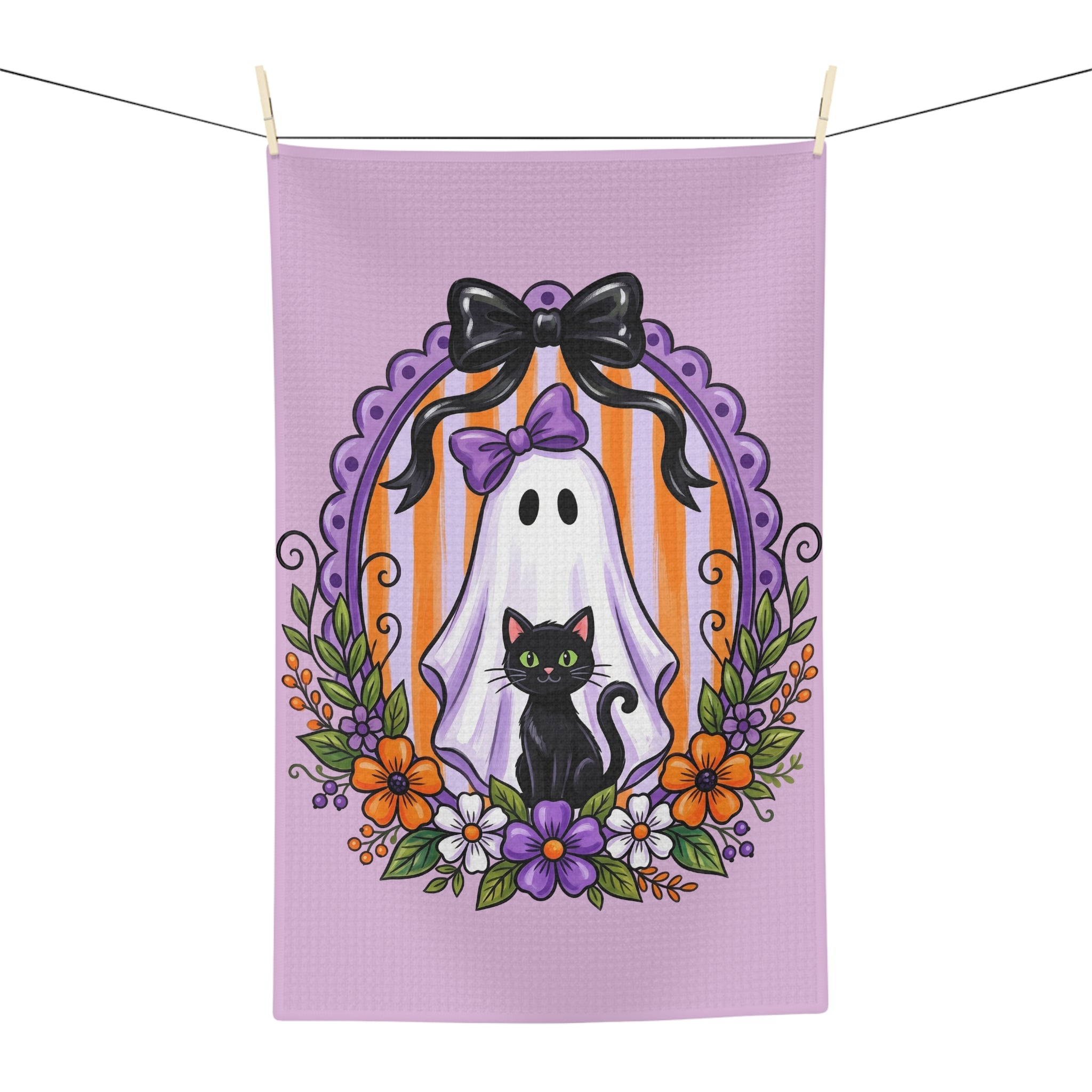 Halloween Ghost & Black Cat Tea Towel — Cute Violet Spooky Kitchen Towel