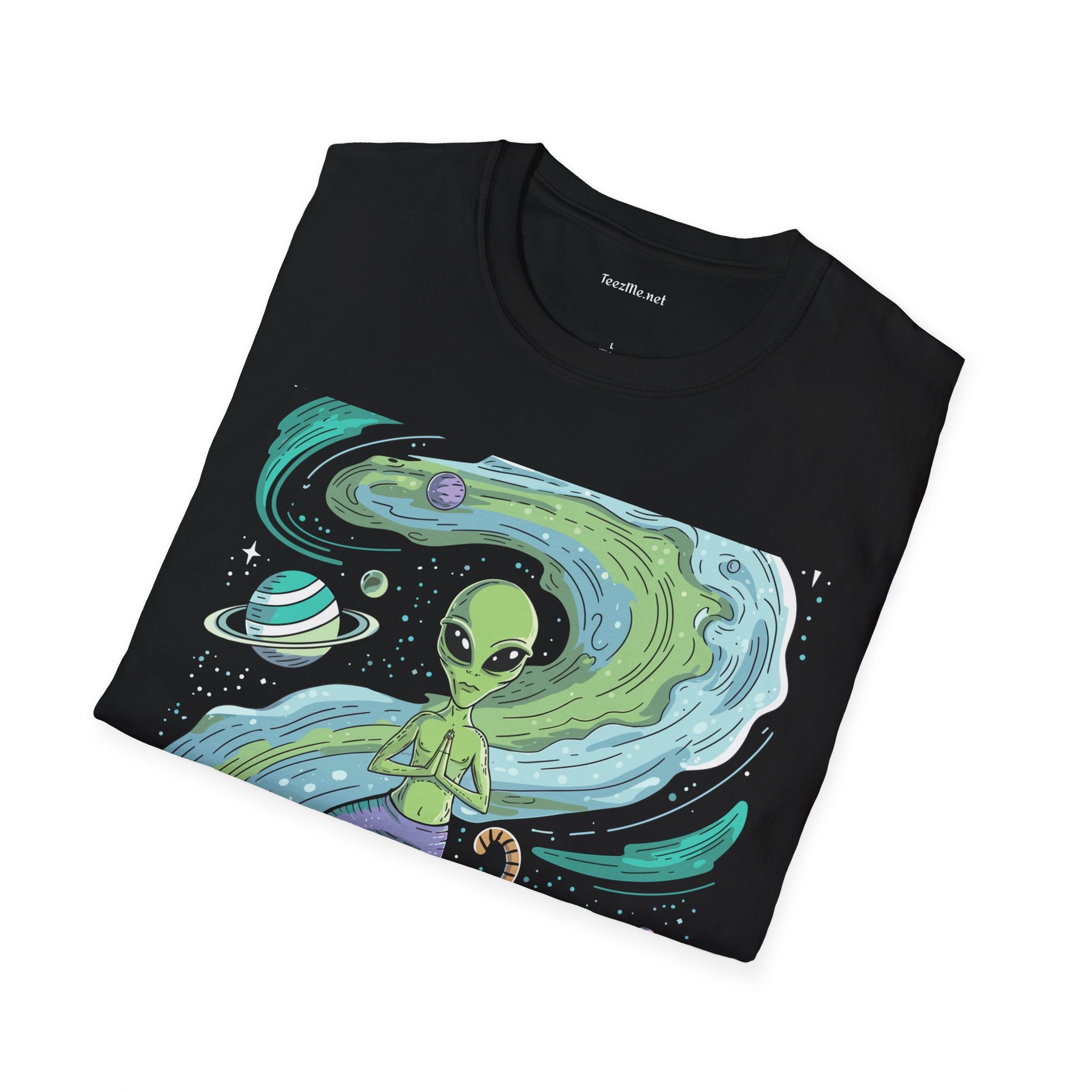 Yoga Alien with Cat Unisex Softstyle T-Shirt 100% Cotton Graphic