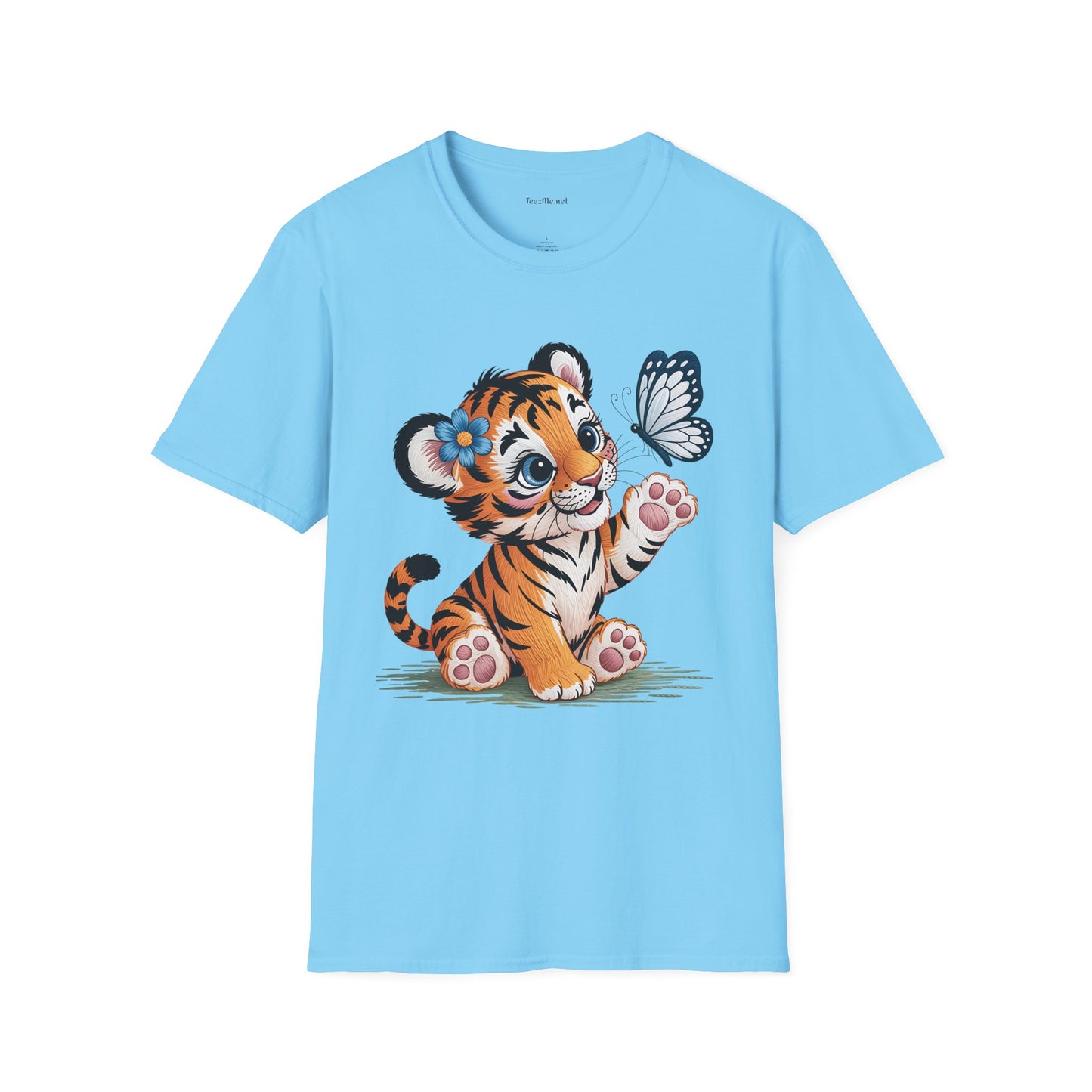 Cute Tiger Cub with Butterfly Unisex Softstyle T-Shirt 100% Cotton Graphic