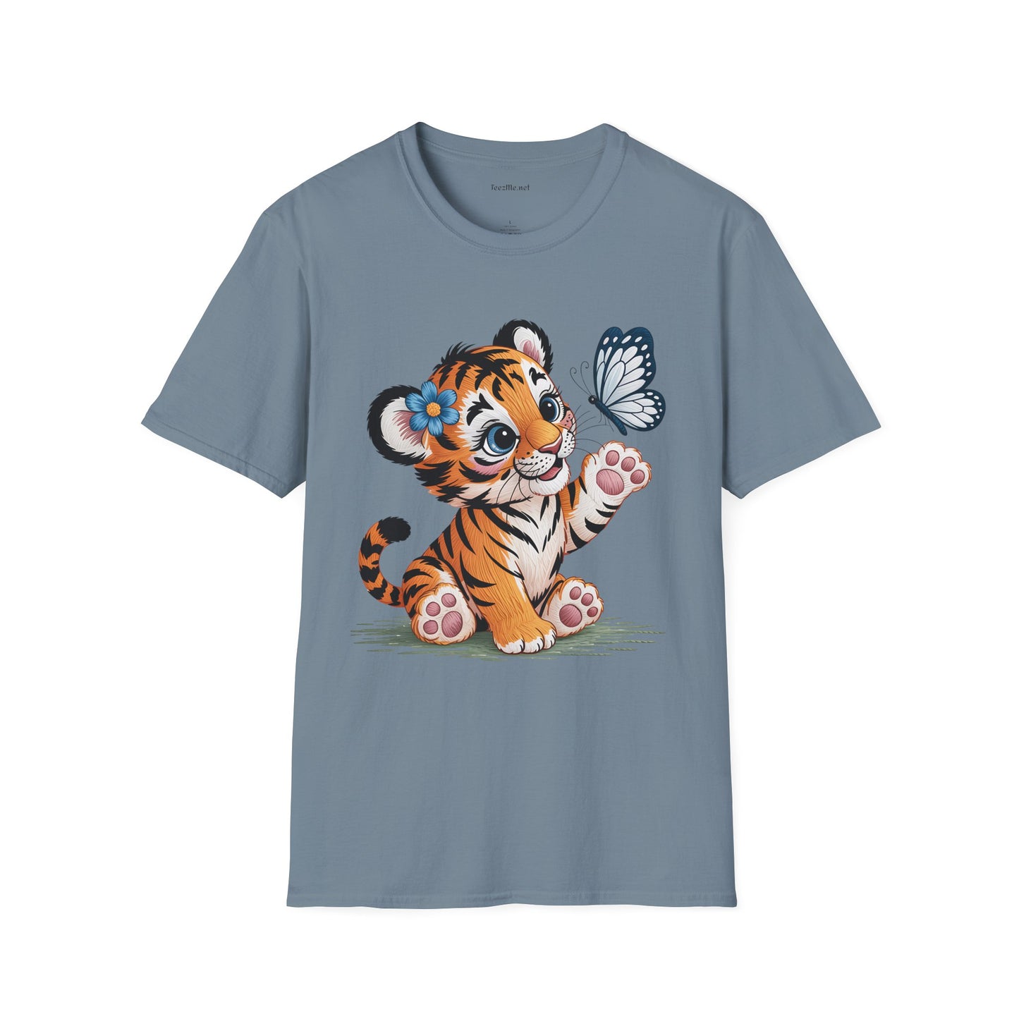 Cute Tiger Cub with Butterfly Unisex Softstyle T-Shirt 100% Cotton Graphic