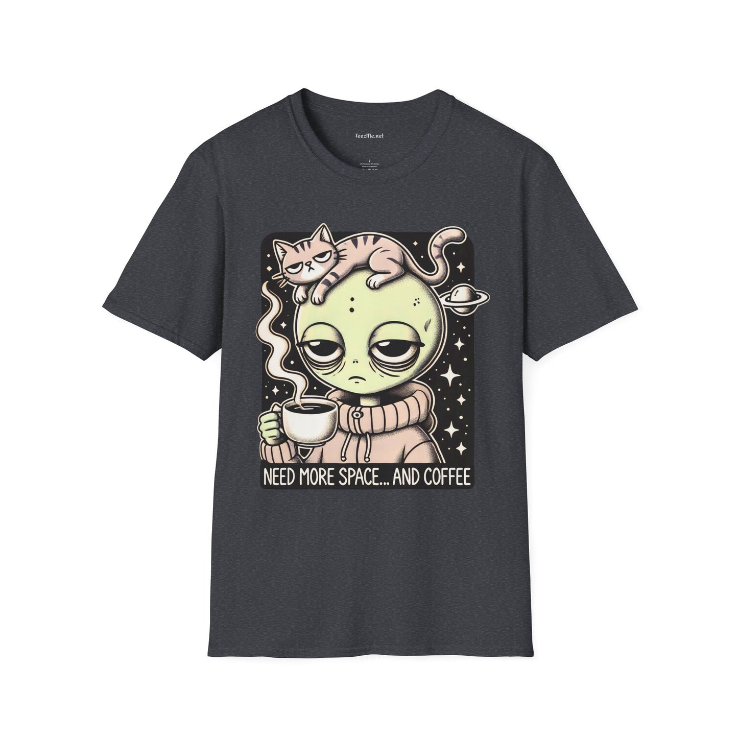 Sleepy Alien with Cat Unisex Softstyle T-Shirt 100% Cotton Graphic