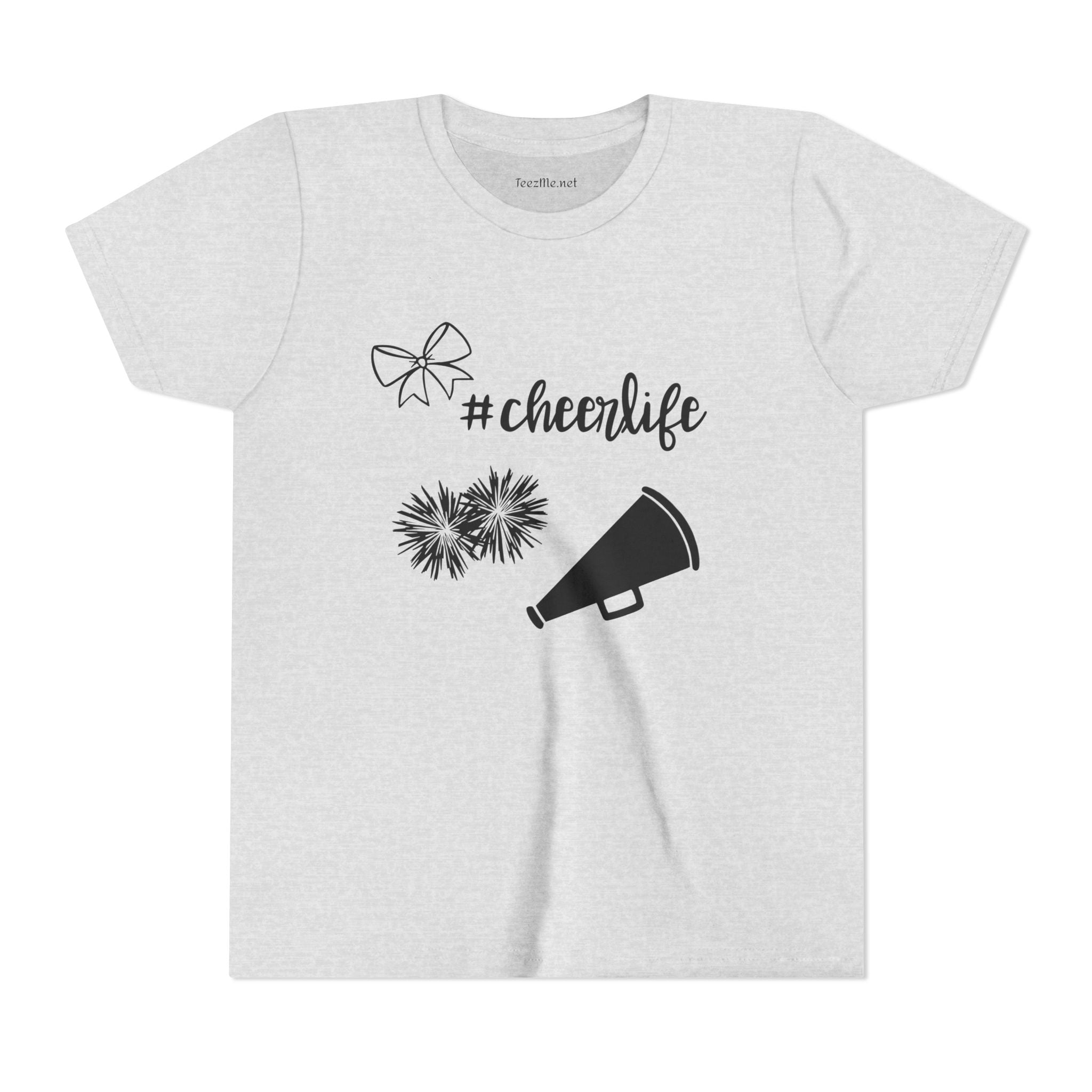 Youth Cheer Tee – "#cheerlife" Megaphone, Pom-Poms & Bow Graphic