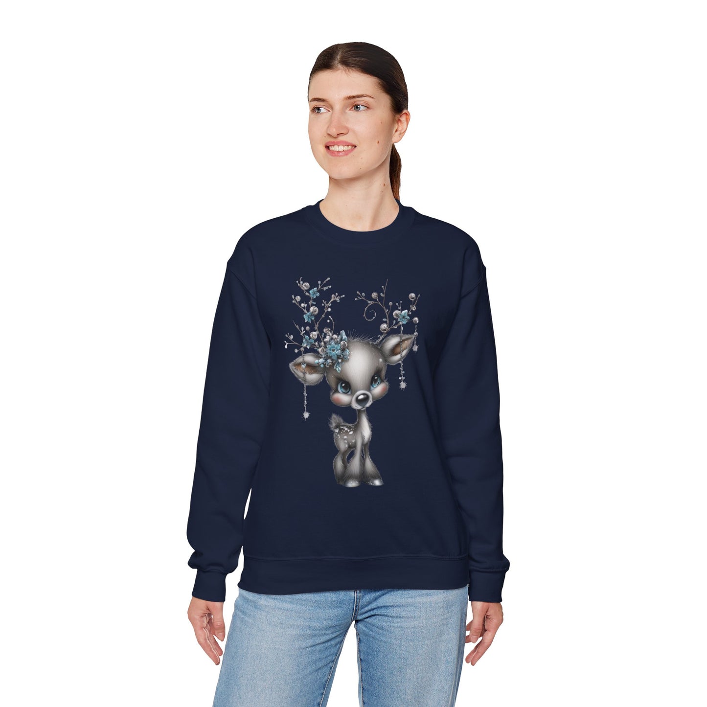 Winter Floral Reindeer Unisex Heavy Blend™ Crewneck Sweatshirt
