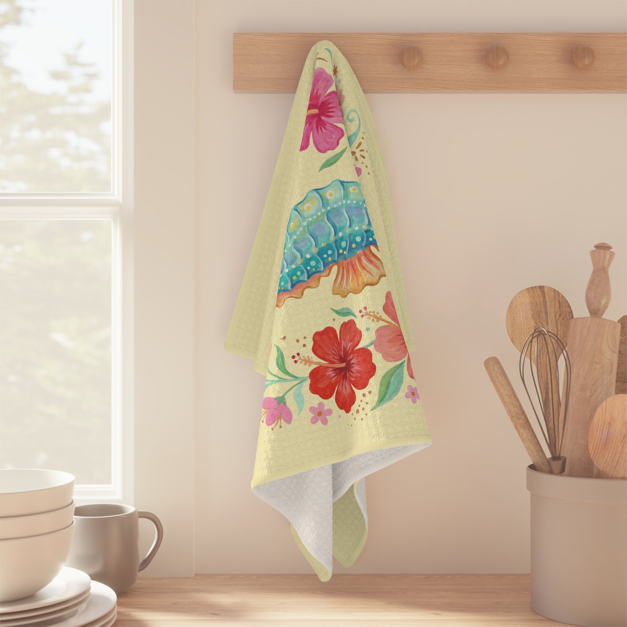 Seahorse Floral Microfiber Tea Towel — Tropical Hibiscus Kitchen Towel