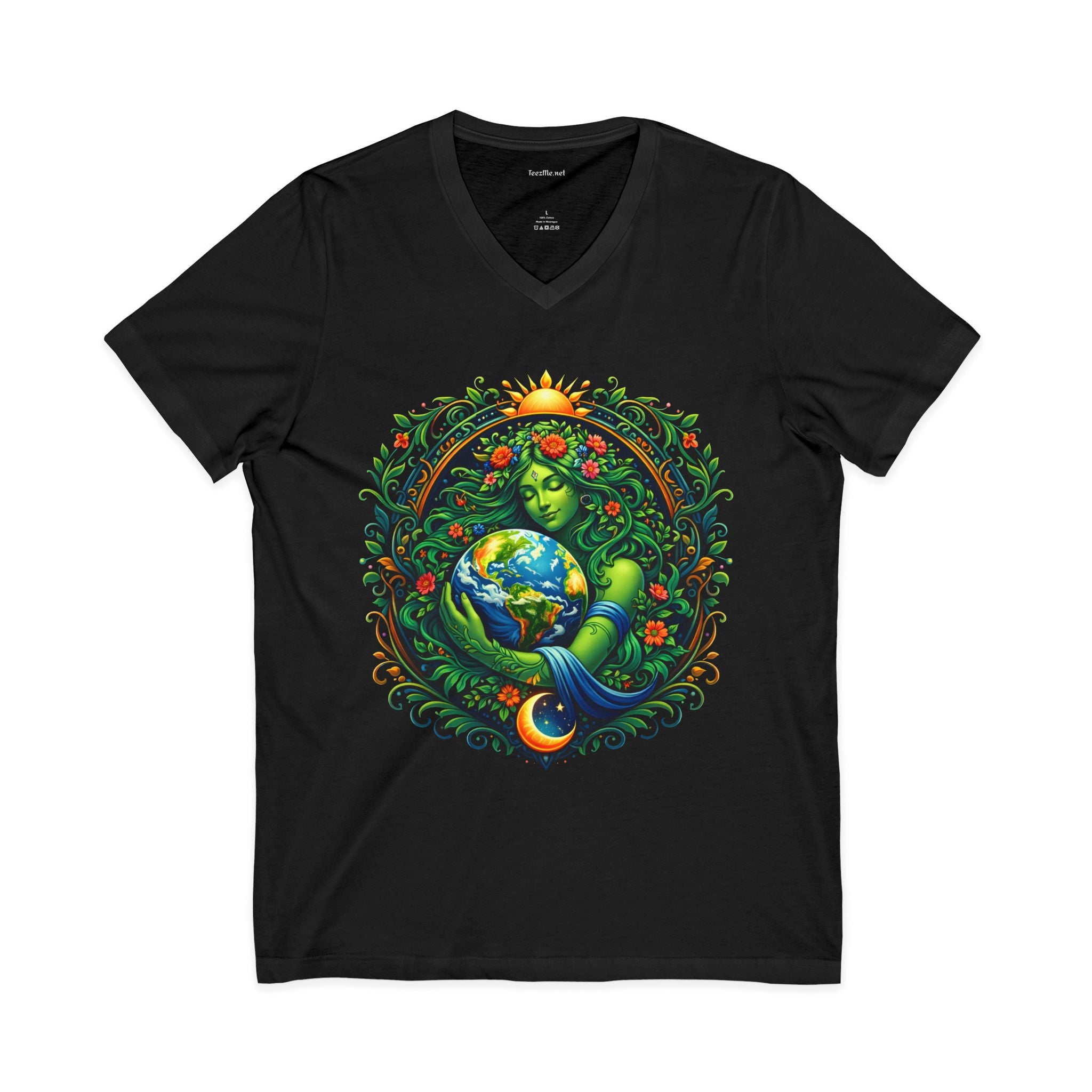 Earth Goddess V-Neck Tee — Mother Nature Embrace Eco Love Shirt
