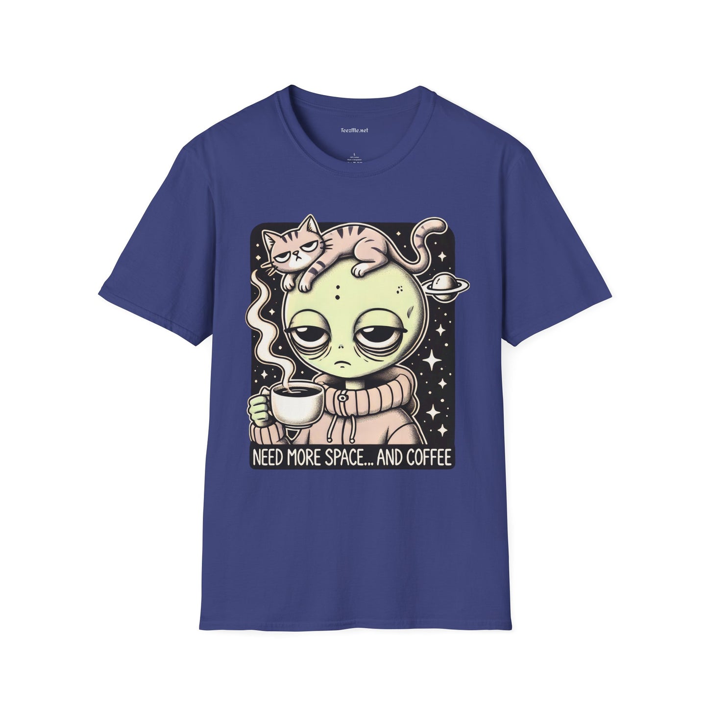 Sleepy Alien with Cat Unisex Softstyle T-Shirt 100% Cotton Graphic
