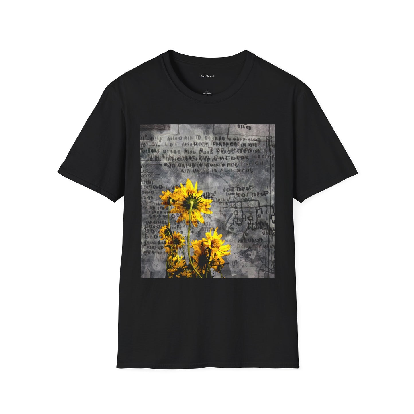 Yellow flowers with ancient symbols - Unisex Softstyle T-Shirt 100% Cotton Graphic