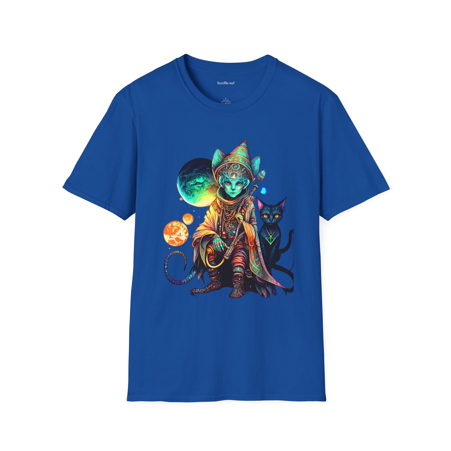 Alien Wizard with Cat Unisex Softstyle T-Shirt 100% Cotton Graphic