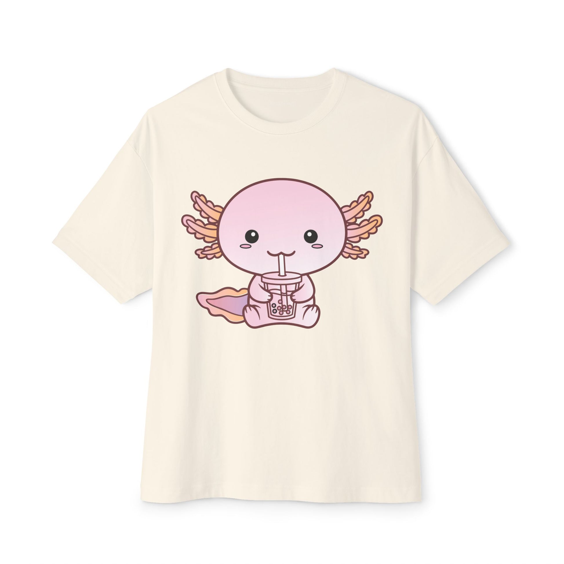 Cute Kawaii Axolotl Drinking Bubble Tea Unisex Oversized Boxy Tee
