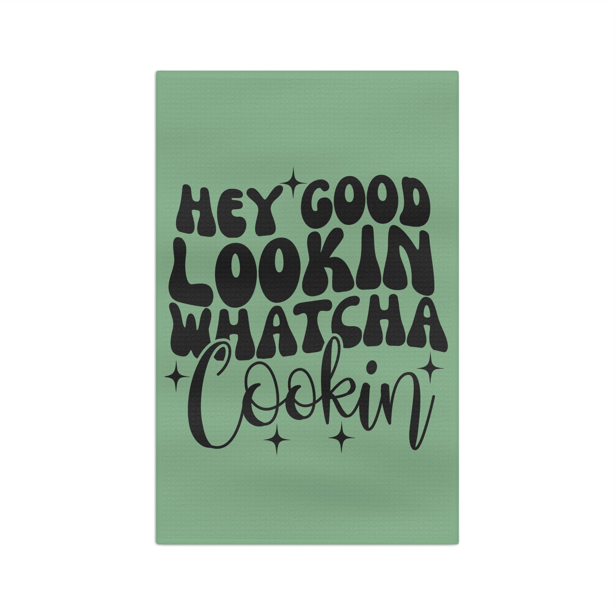 Hey Good Lookin Whatcha Cookin Tea Towel — Retro Kitchen Green Dish Towel