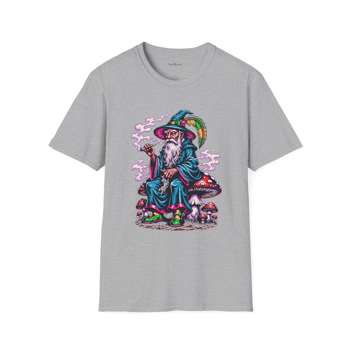 Psychedelic Smoking Wizard on Mushrooms Fantasy Unisex Softstyle T-Shirt 100% Cotton Graphic