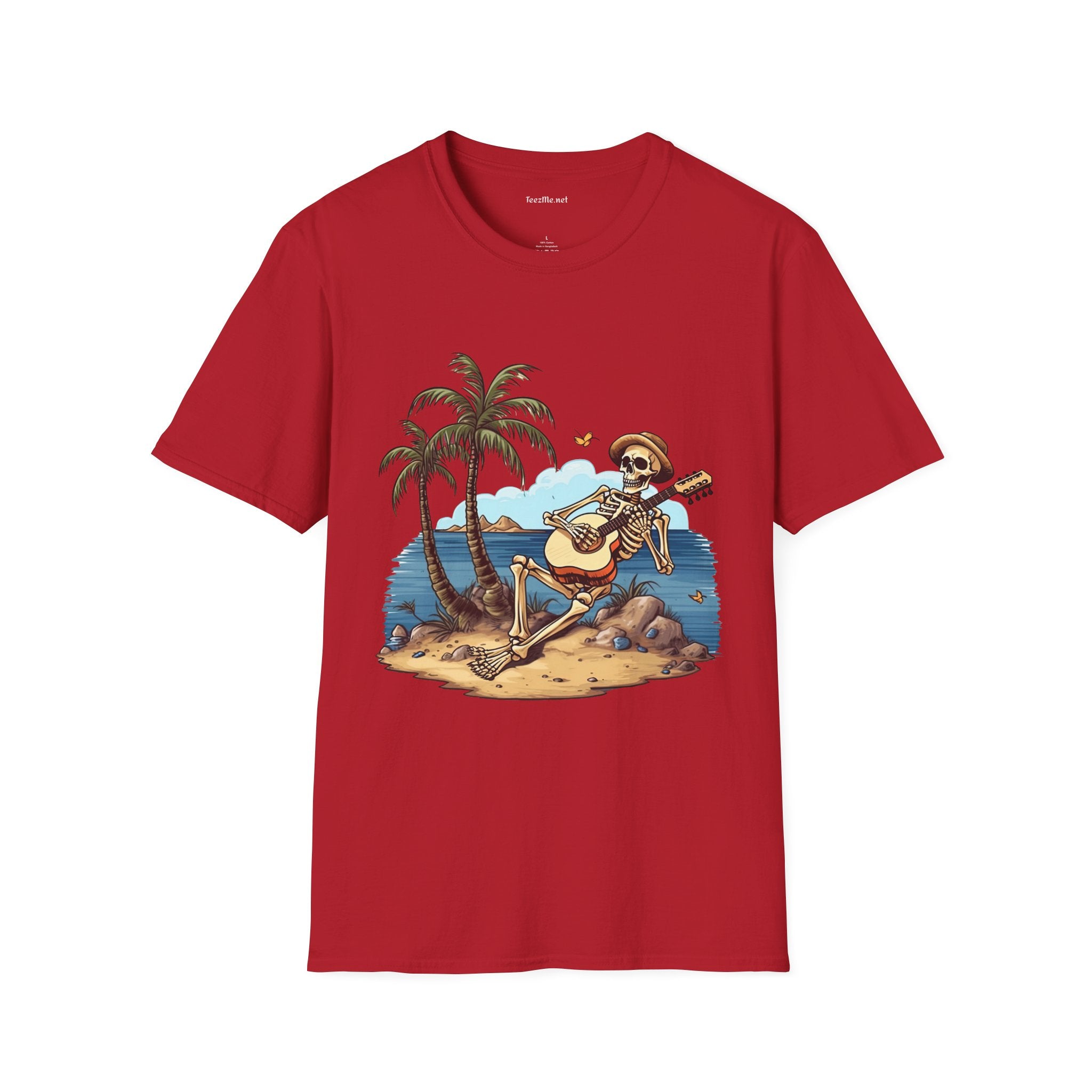 Skeleton with Guitar under palm tree - Unisex Softstyle T-Shirt 100% Cotton Graphic