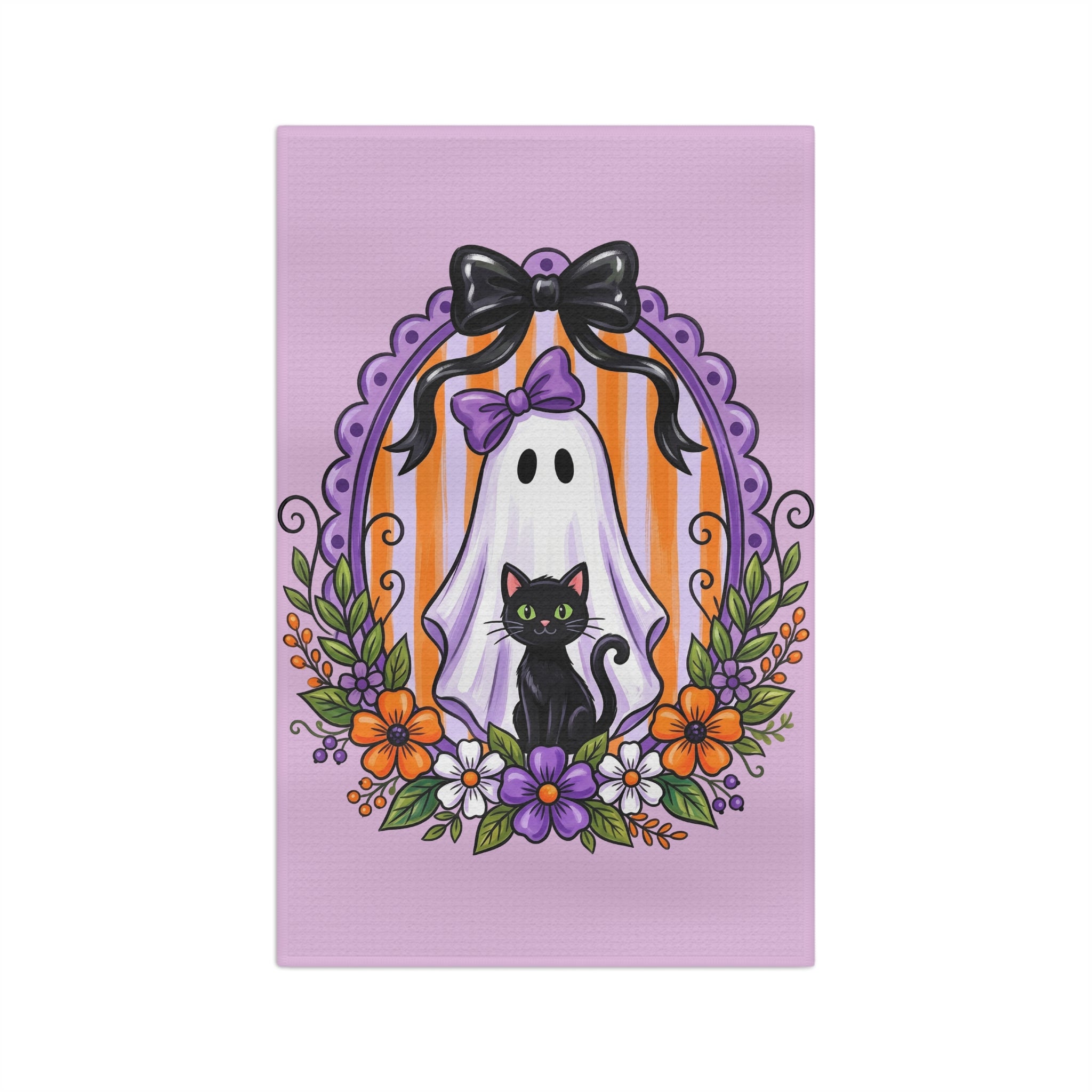 Halloween Ghost & Black Cat Tea Towel — Cute Violet Spooky Kitchen Towel