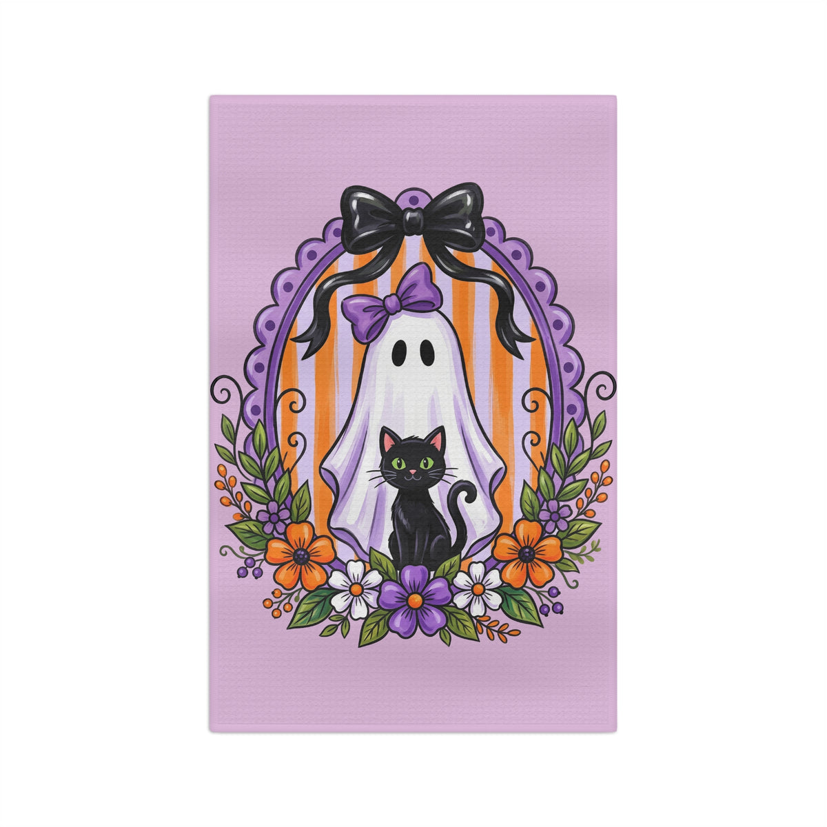 Halloween Ghost & Black Cat Tea Towel — Cute Violet Spooky Kitchen Towel