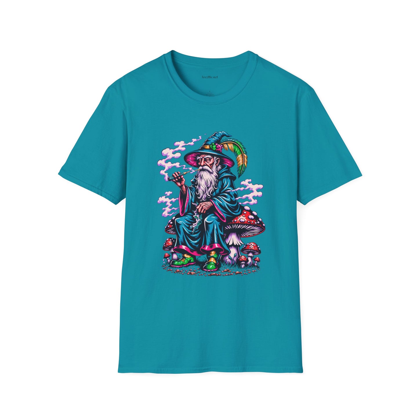 Psychedelic Smoking Wizard on Mushrooms Fantasy Unisex Softstyle T-Shirt 100% Cotton Graphic