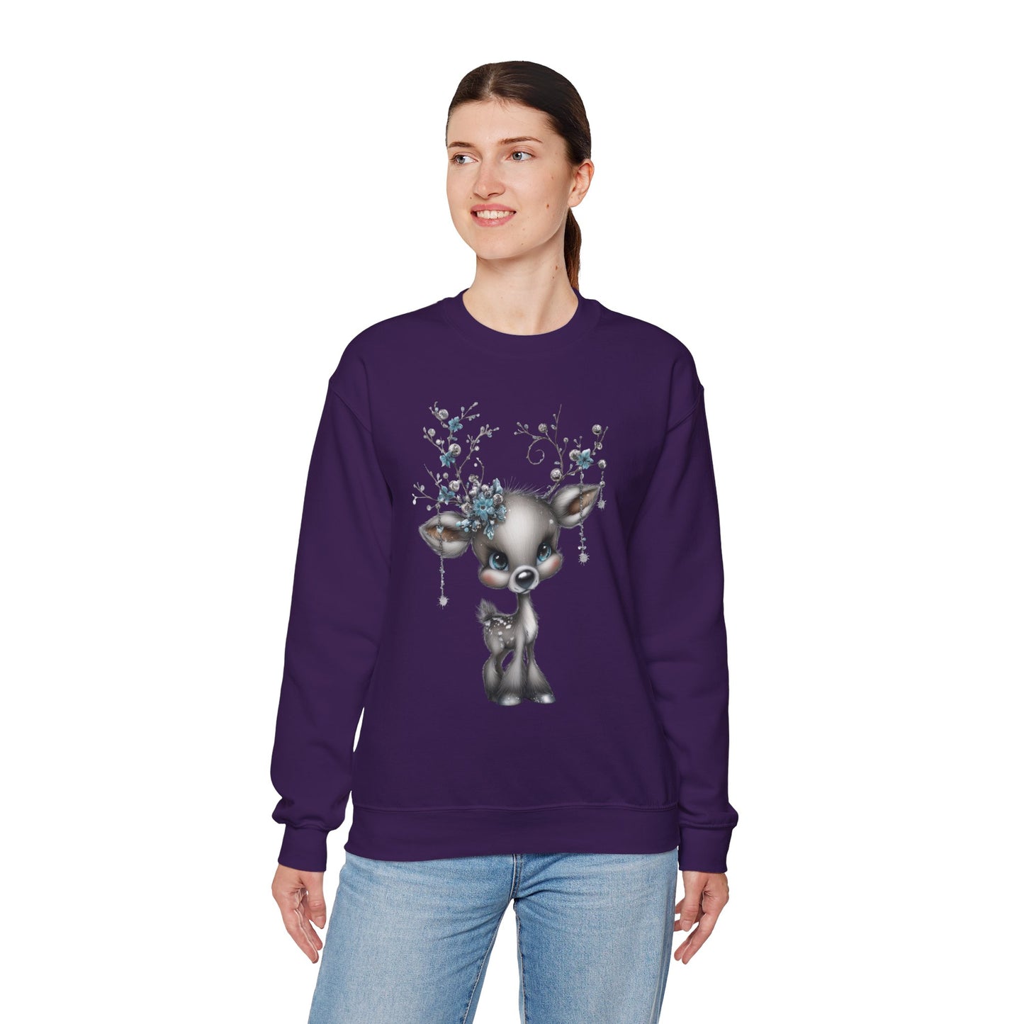 Winter Floral Reindeer Unisex Heavy Blend™ Crewneck Sweatshirt