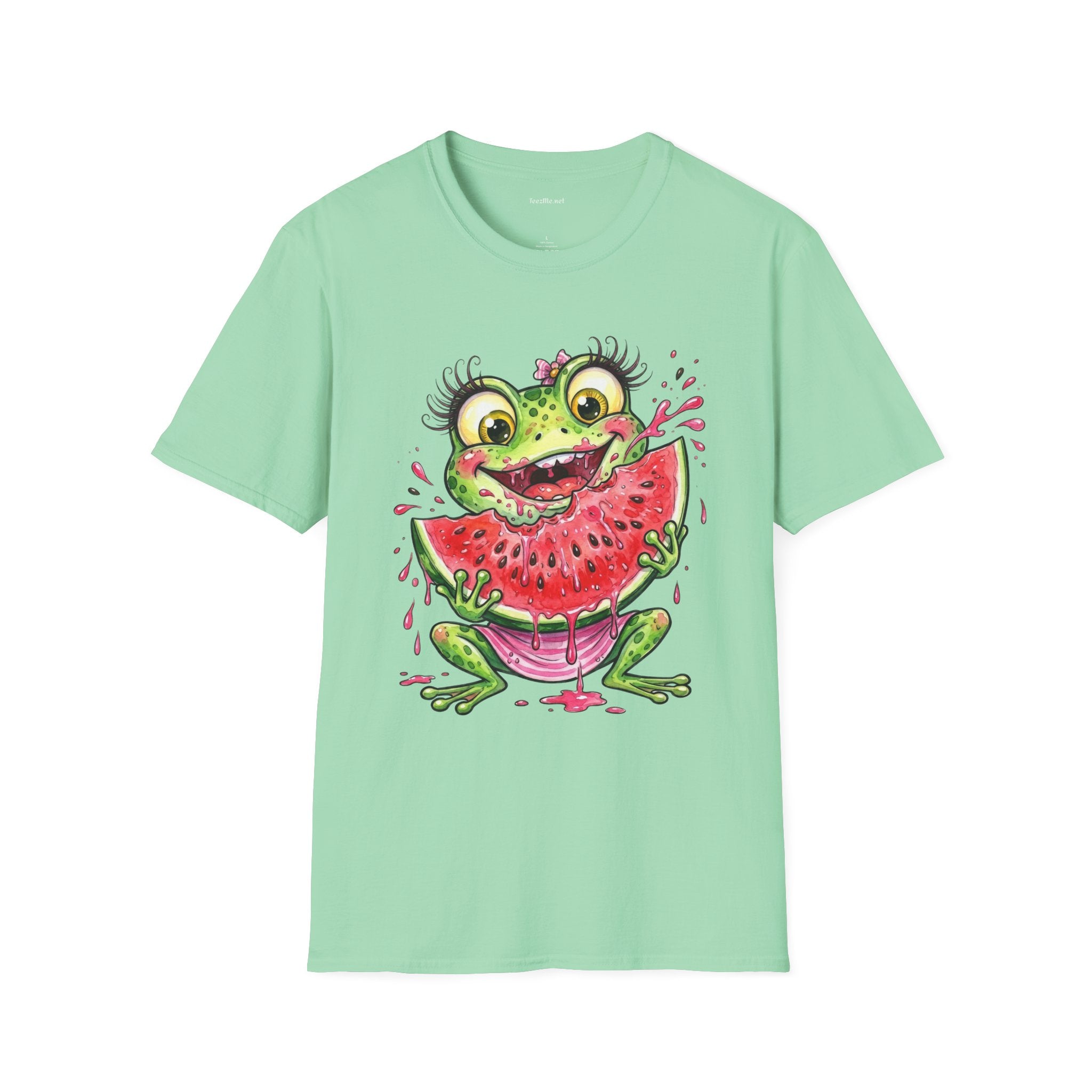 Kawaii Frog Eating Watermelon Unisex Softstyle T-Shirt 100% Cotton Graphic