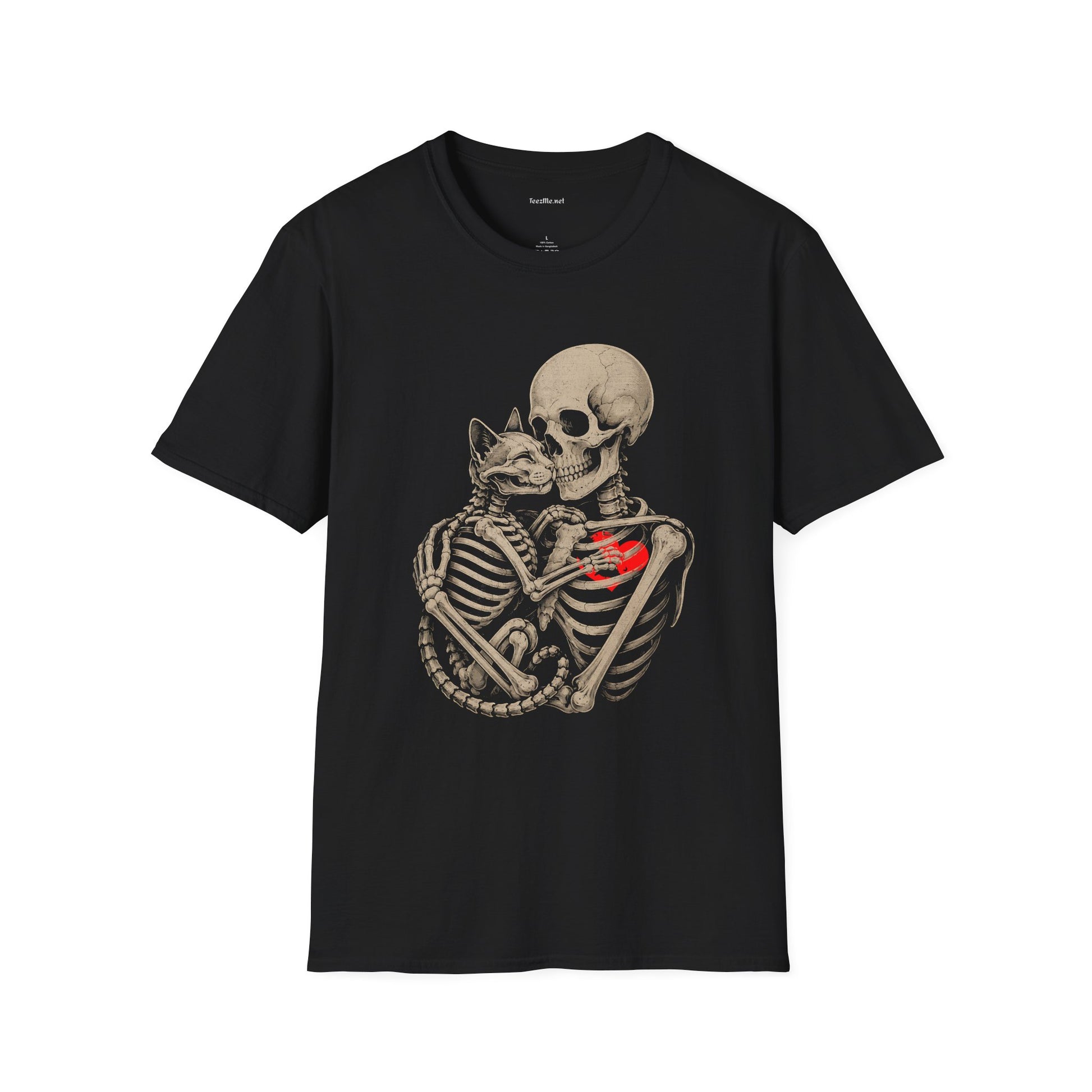 Skeleton Embrace T-Shirt — Gothic Skull & Cat Love Graphic Tee