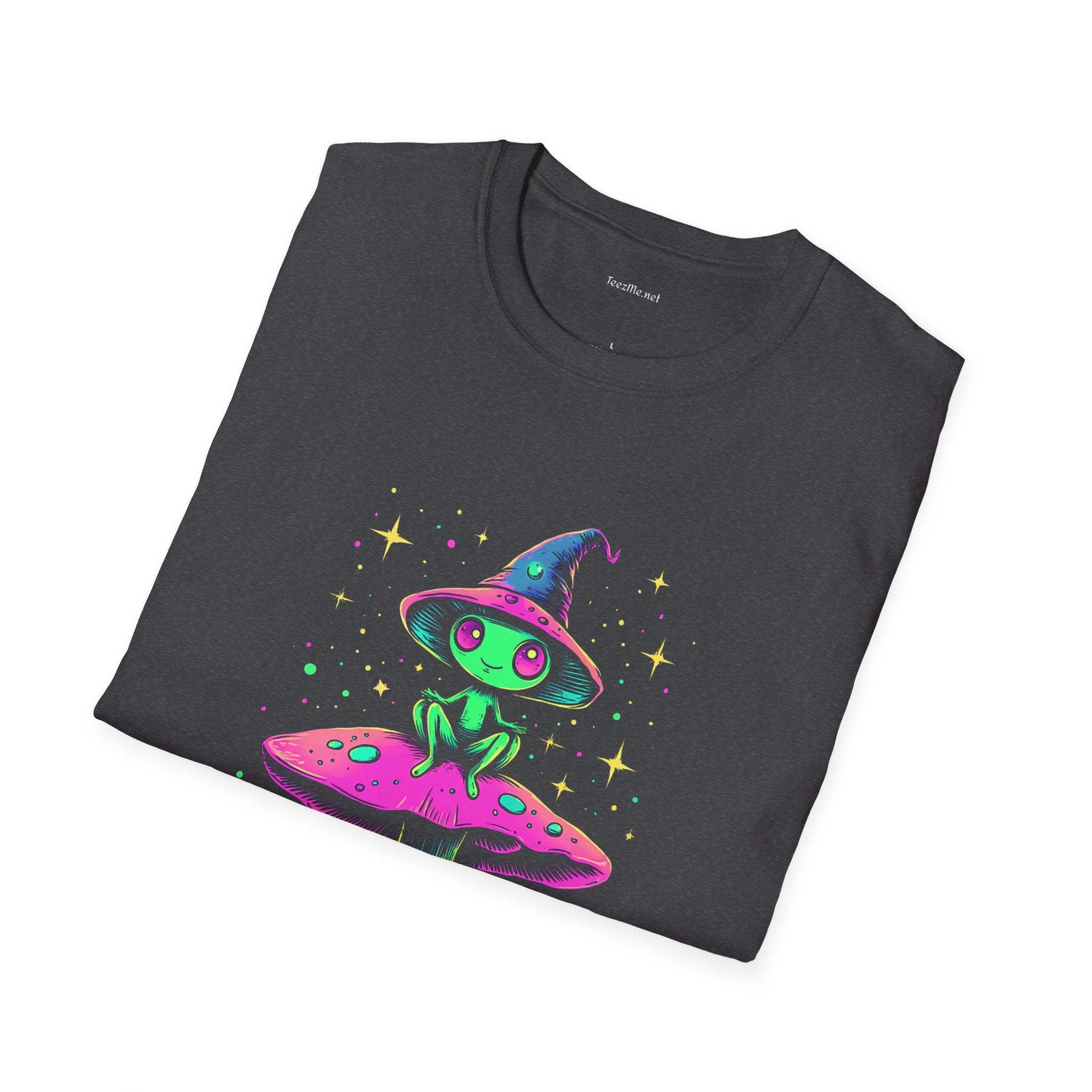 Alien sitting on mushroom - Unisex Softstyle T-Shirt 100% Cotton Graphic
