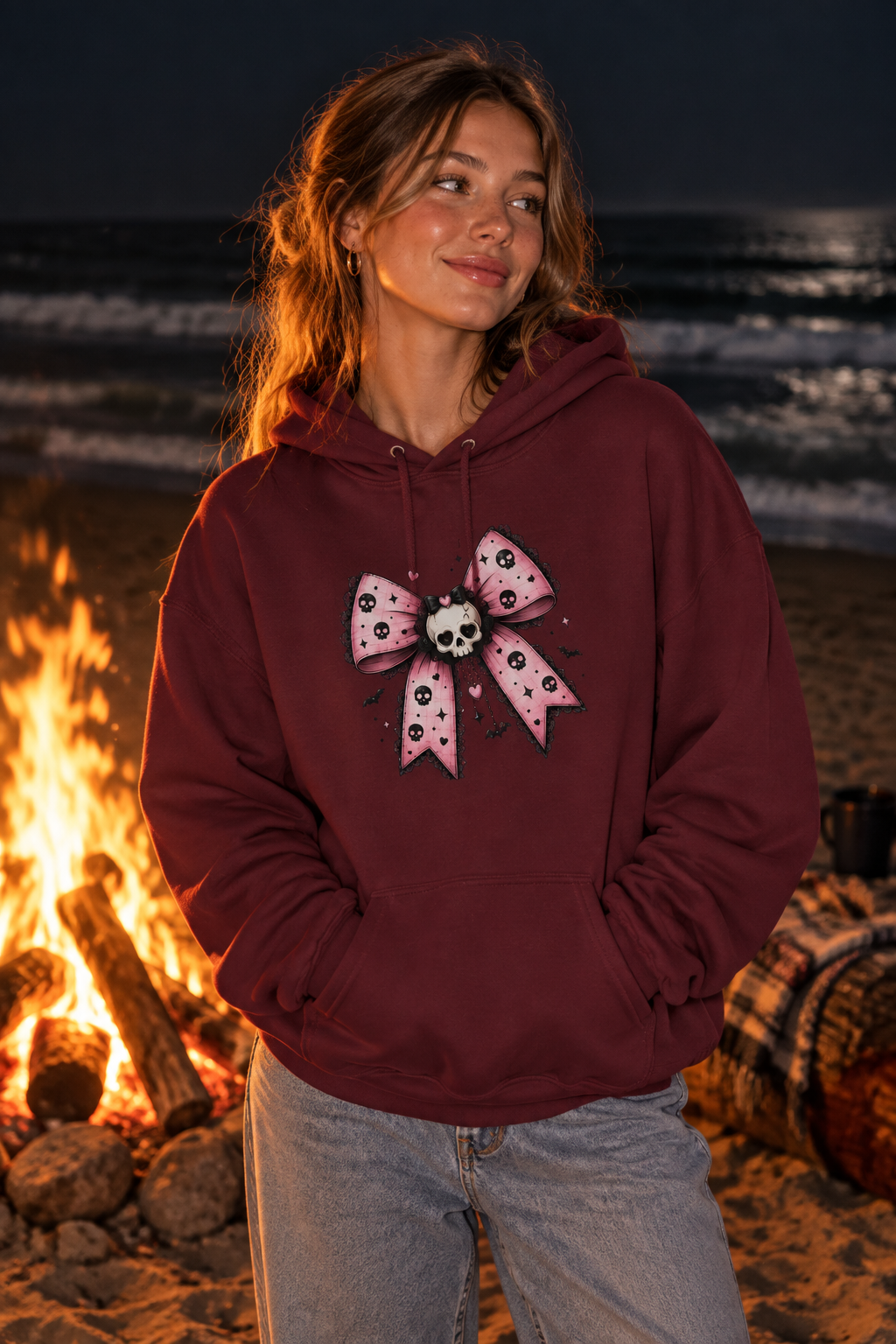 Pink Skull Bow Hoodie - Goth Cute Skull Ribbon Pullover
