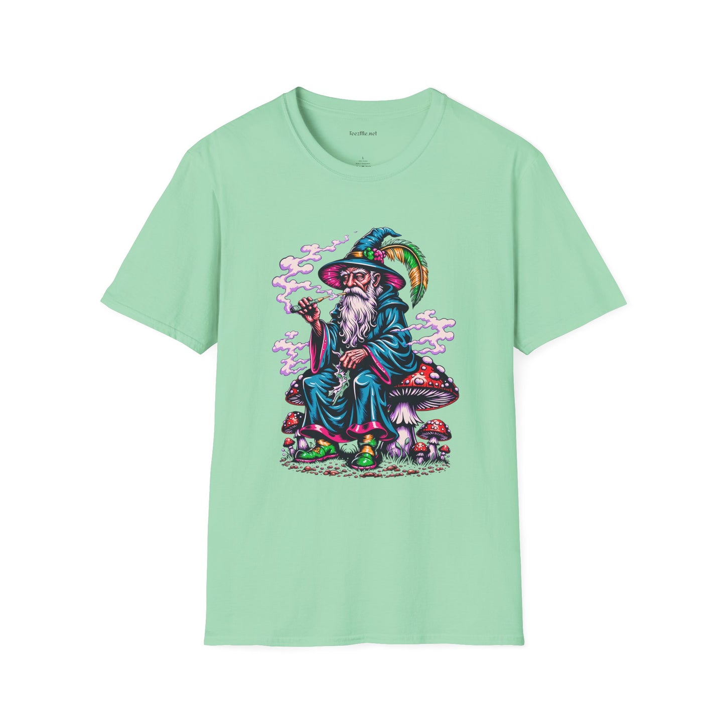 Psychedelic Smoking Wizard on Mushrooms Fantasy Unisex Softstyle T-Shirt 100% Cotton Graphic