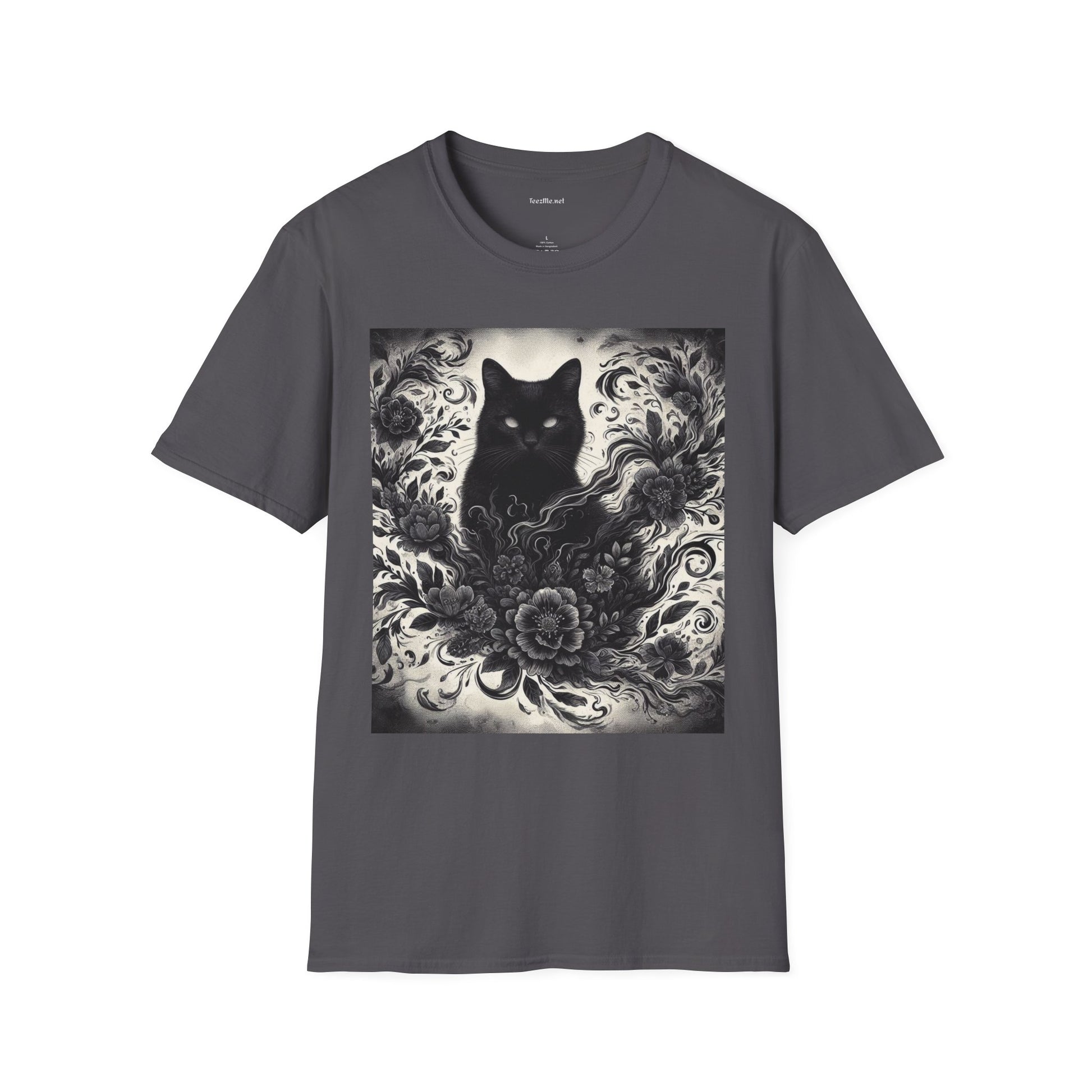 Black Cat Floral -Shirt 100% Cotton Graphic